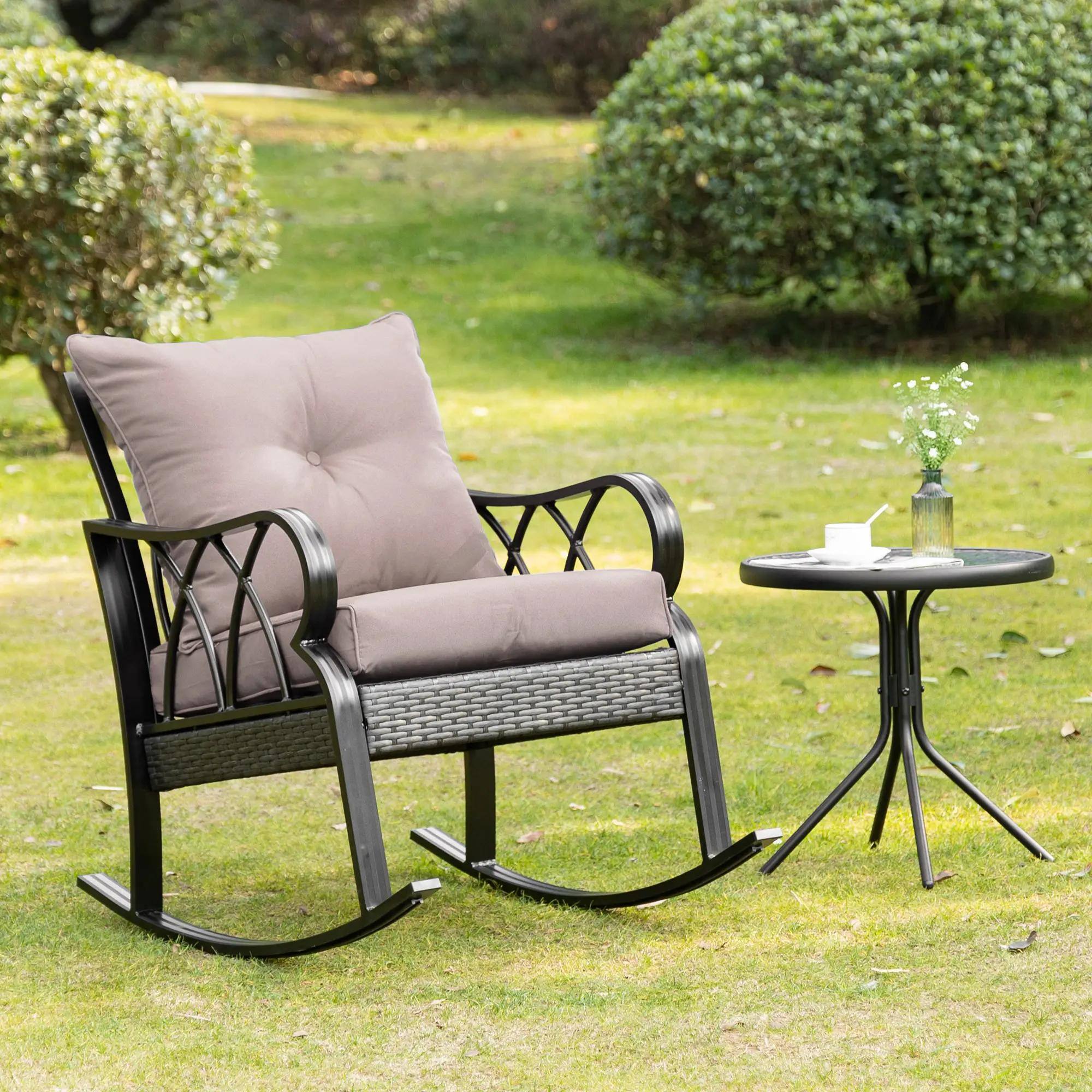 Alt View 2. Resenkos - Resenkos Outdoor Wicker Rocking Chair with Padded Cushions, Aluminum Rattan Porch Rocker with Armrest, Gray - Gray.