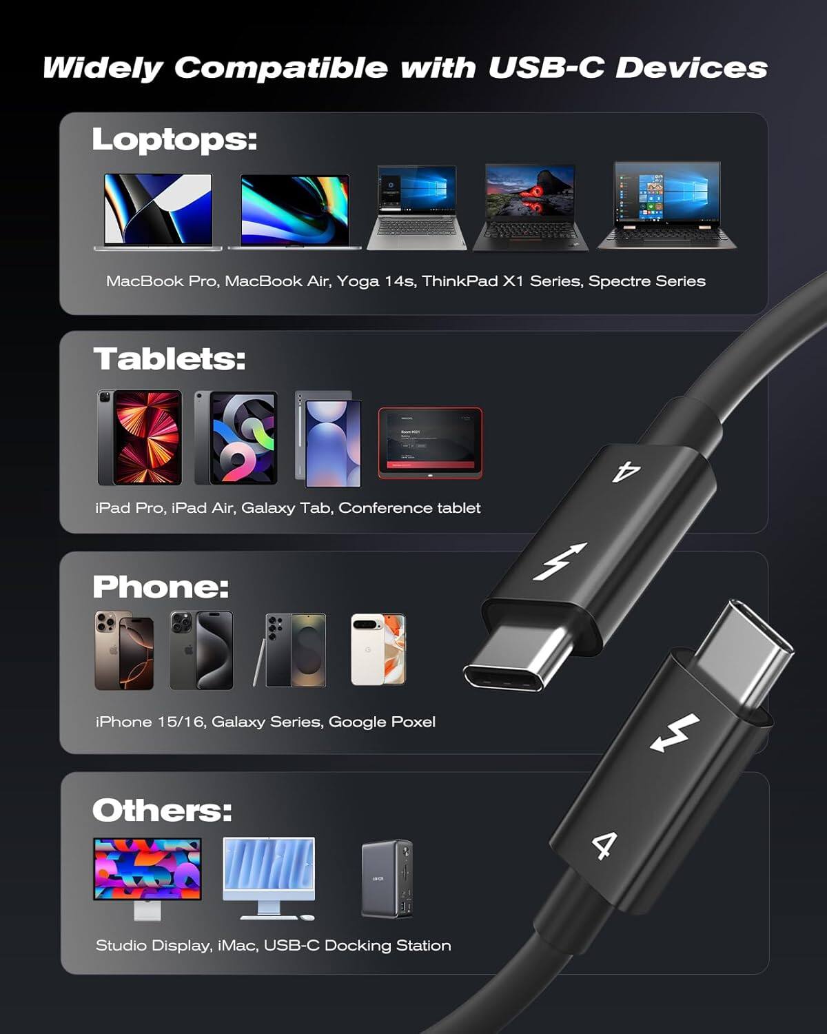 Widely Compatible with USB-C Devices

Laptops:
- MacBook Pro
- MacBook Air
- Yoga 14s
- ThinkPad X1 Series
- Spectre Series

Tablets:
- iPad Pro
- iPad Air
- Galaxy Tab
- Conference tablet

Phone:
- iPhone 15/16
- Galaxy Series
- Google Pixel

Others:
- Studio Display
- iMac
- USB-C Docking Station