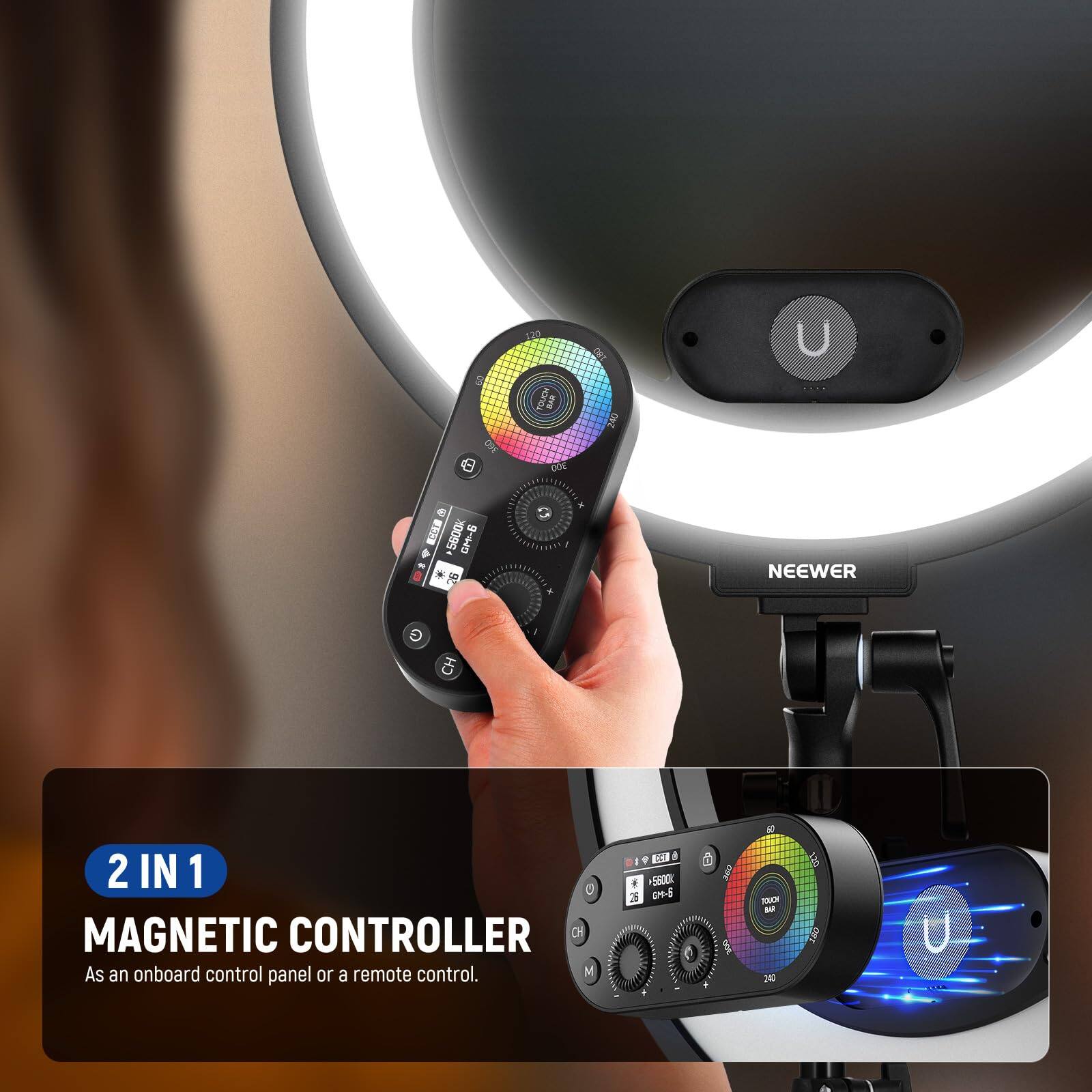 S Ro DET 240 U a DOV e 5500K 6+5 . 1 . x NEEWER CH 2 IN 1 S MAGNETIC CONTROLLER O As an onboard control panel or a remote control. M P tra 8 * SEOOK 2 C-6 w0 W MML - 26 oI 190 U