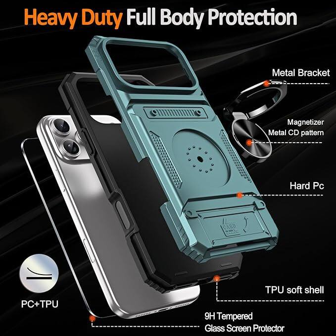 Heavy Duty Full Body Protection

- Metal Bracket
- Magnetizer
- Metal CD pattern
- Hard Pc
- TPU soft shell
- 9H Tempered Glass Screen Protector
- PC+TPU