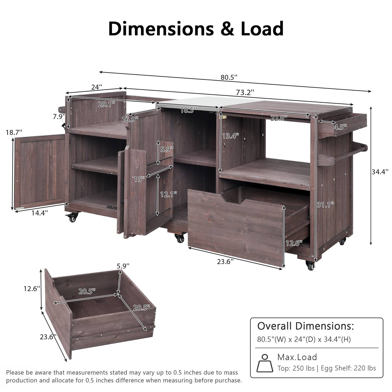 Dimensions & Load

- 18.7"
- 7.9"
- 24"
- 29.1"
- 16.9"
- 18.5"
- 5.9"
- 80.5"
- 73.2"
- 13.4"
- 22.4"
- 4.5"
- 15"
- 34.4"
- 14.4"
- 12.1"
- 31.1"
- 12.6"
- 5.9"
- 23.6"
- 12.6"
- 20.5"
- 20.5"
- 23.6"

Overall Dimensions: 80.5"(W) x 24"(D) x 34.4"(H)

Please be aware that measurements stated may vary up to 0.5 inches due to mass production and allocate for 0.5 inches difference when measuring before purchase.

Max. Load
- Top: 250 lbs
- Egg Shelf: 220 lbs