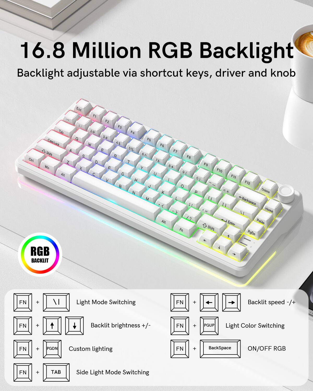 16.8 Million RGB Backlight  
Backlight adjustable via shortcut keys, driver and knob  

RGB BACKLIT  

FN + 1/ Light Mode Switching  
FN + Backlit speed -/+  
FN + Backlit brightness +/-  
FN + PGUP Light Color Switching  
FN + PGDN Custom lighting  
FN + BackSpace ON/OFF RGB  
FN + TAB Side Light Mode Switching  

Light Mode Switching  
Backlit brightness +/-  
Custom lighting  
Light Color Switching  
ON/OFF RGB  
Side Light Mode Switching