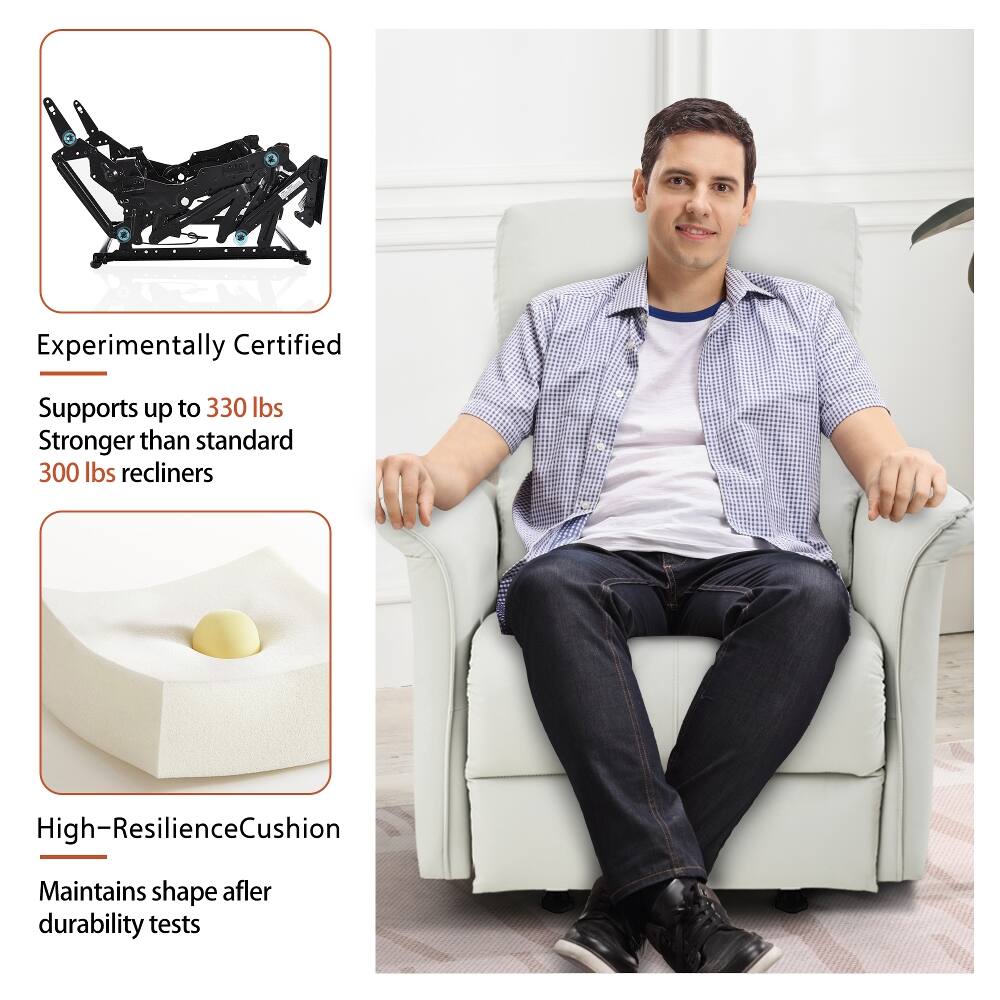 Experimentally Certified  
Supports up to 330 lbs  
Stronger than standard 300 lbs recliners  

High-Resilience Cushion  
Maintains shape after durability tests