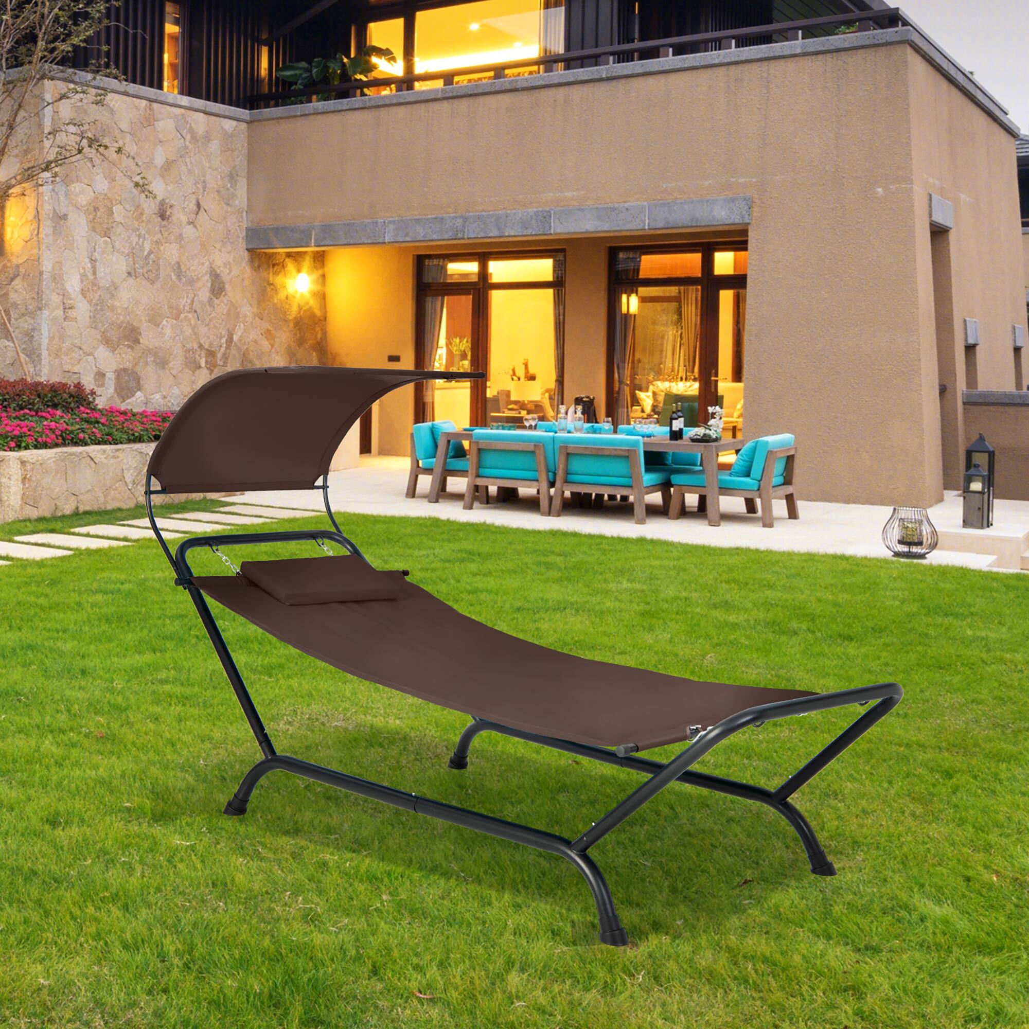 Alt View 3. Gymax - Gymax Chaise Lounge Bed w/ Detachable Sunshade Canopy Hammock w/ Rustproof Metal Stand Brown - Brown.