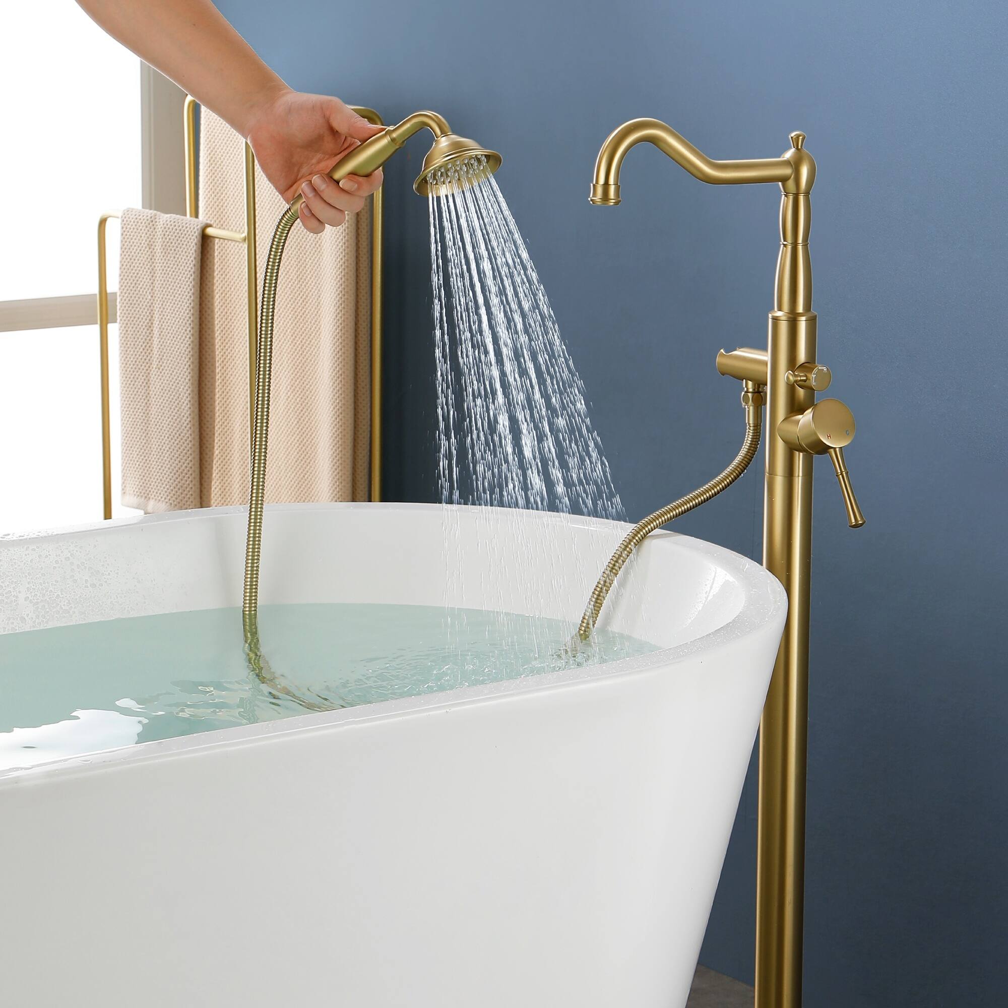 Alt View 3. Boyel Living - Brushed Gold Freestanding Tub Faucet Solid Brass 4.3GPM Spout 1.8GPM Handheld 360° Swivel cUPC - Brushed Gold.