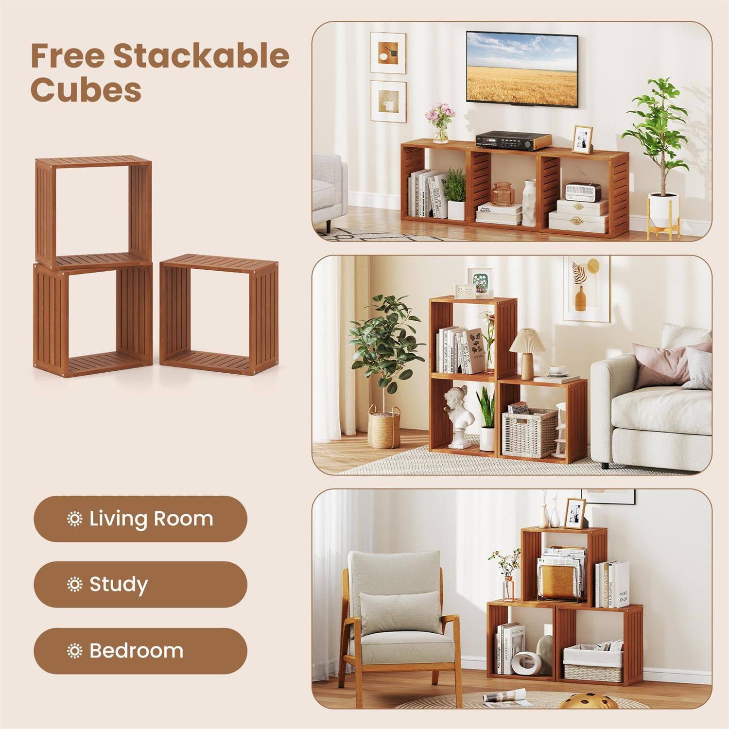 Free Stackable Cubes

Living Room  
Study  
Bedroom
