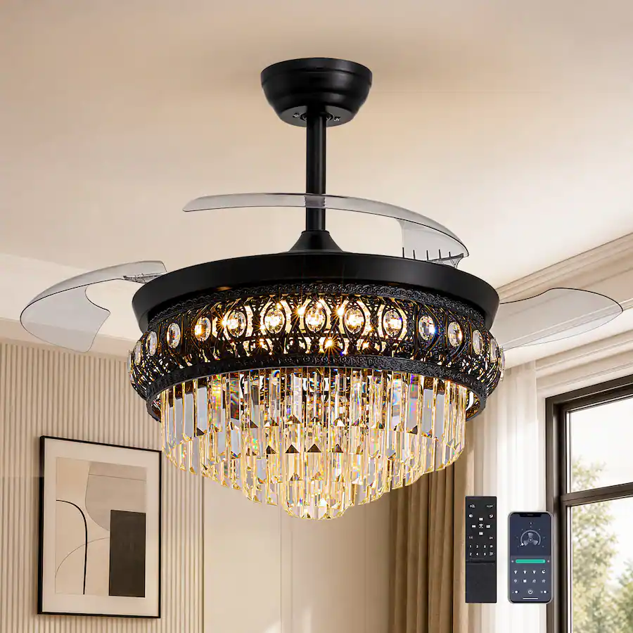 Siljoy 42 Inch 3 Retractable Blades Downrod Eye Cut K9 Crystal Ceiling ...