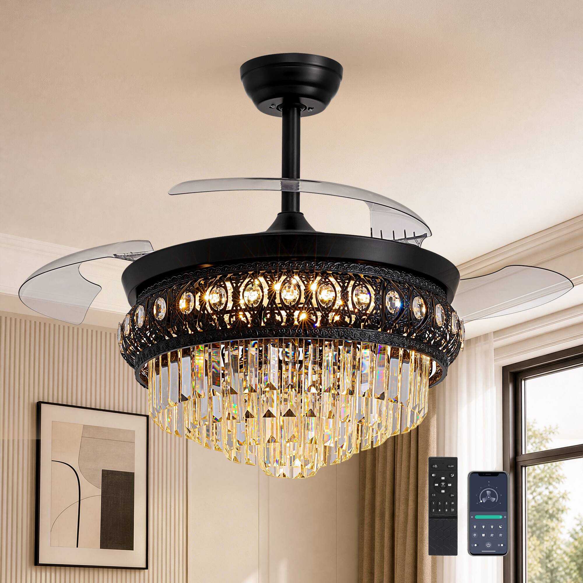 Angle. Siljoy - 42-Inch 3 Retractable Blades Black Downrod Eye Cut K9 Crystal Ceiling Fan Chandelier For Dining Living Kitchen Foyer - Black.
