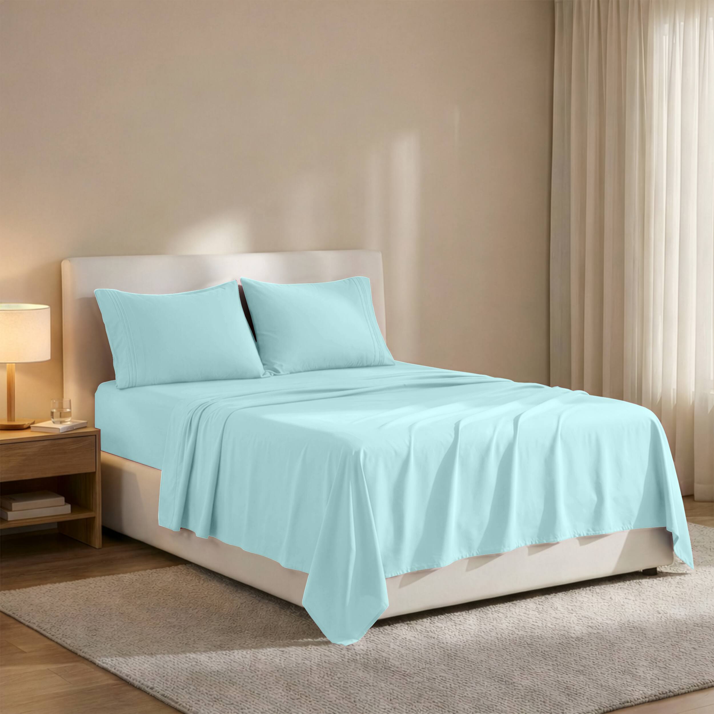 Angle. Lux Decor Collection - 4-Piece King Bed Sheet Set, Ultra Soft Microfiber, Deep Pocket, Wrinkle-Resistant, Hypoallergenic, All-Season Comfort - Ice Blue.