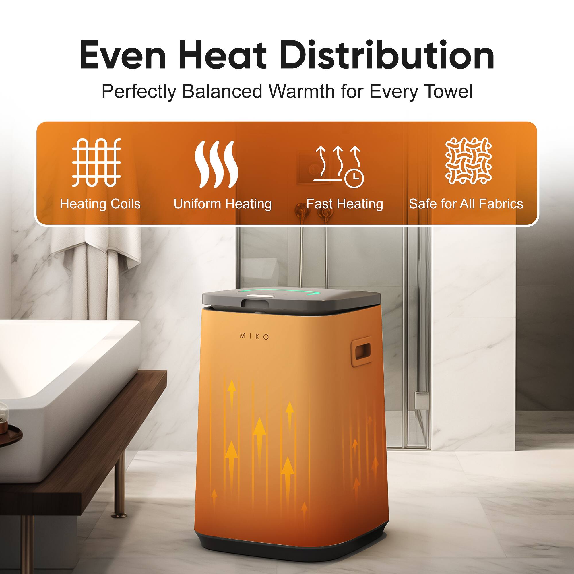 Even Heat Distribution, Perfectly Balanced Warmth for Every Towel, Heating Coils, Uniform Heating, Fast Heating, Safe for All Fabrics, MIKO K
