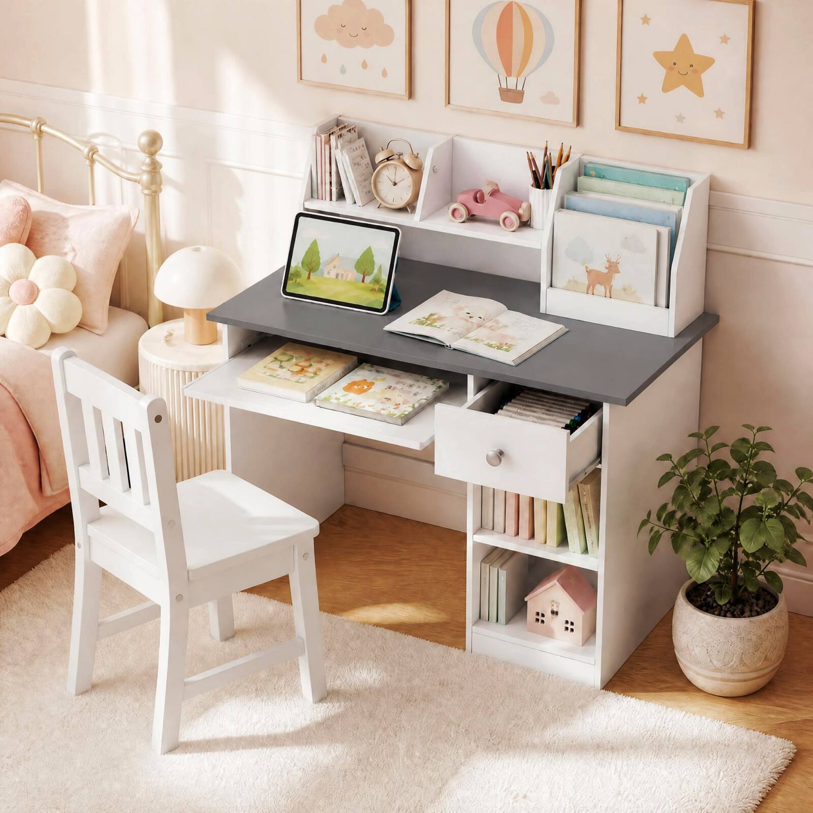 Alt View 1. Costway - Costway Kids Study Desk with Keyboard Tray & Drawer, Side Bookshelf & Upper Shelves - White + Gray.
