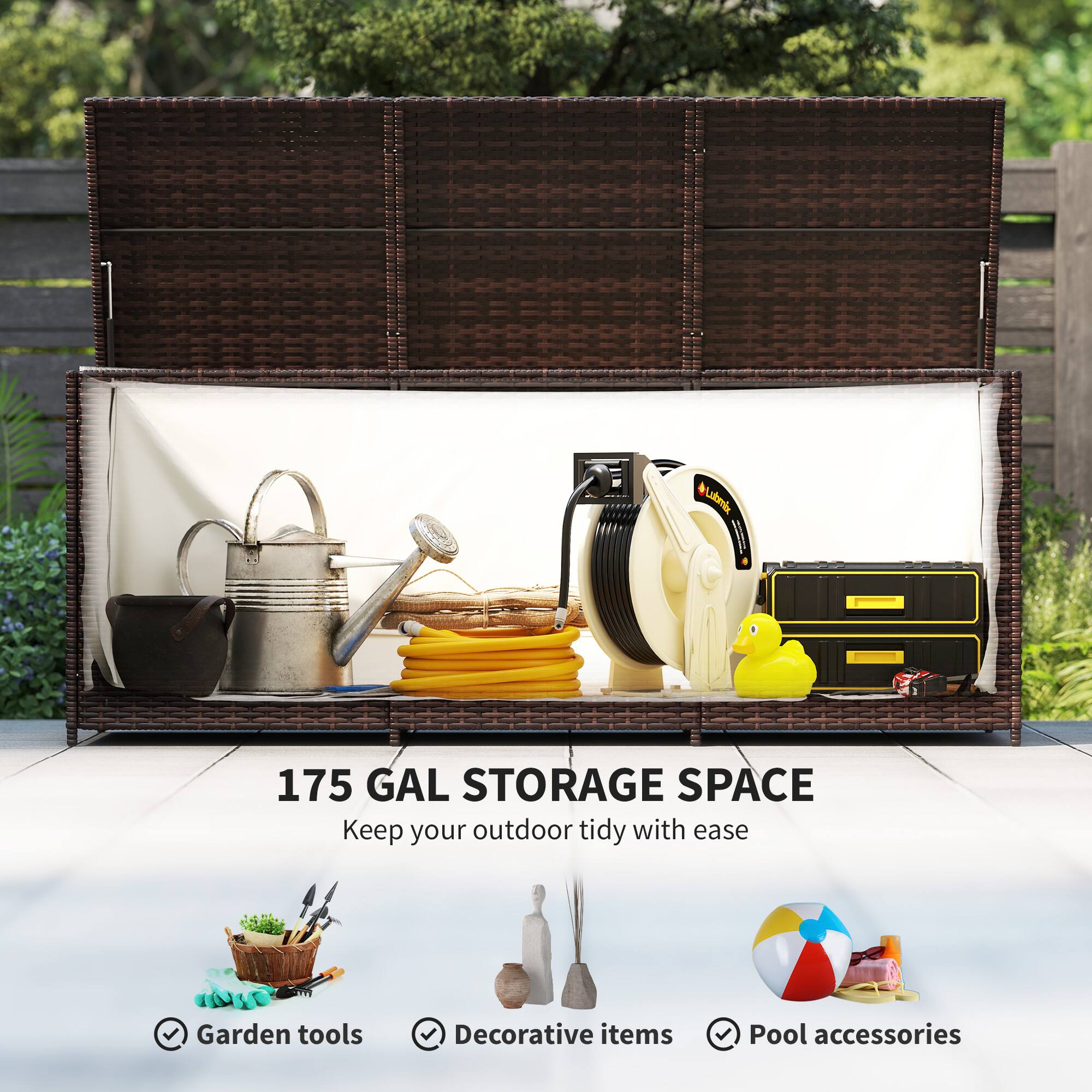 Garden tools, Decorative items, Pool accessories, 175 GAL STORAGE SPACE, Keep your outdoor tidy with ease
