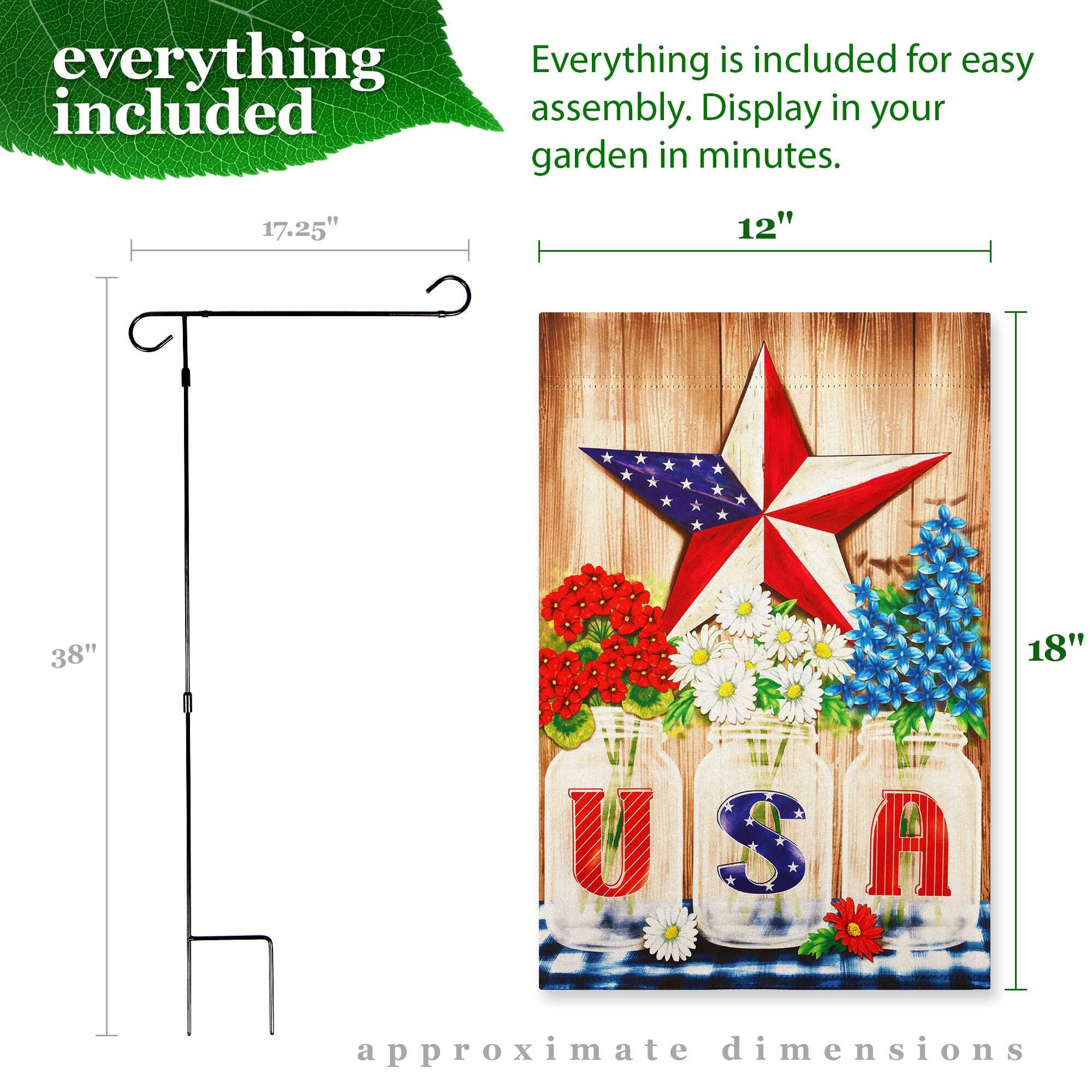 Everything is included for easy assembly. Display in your garden in minutes.

17.25"  
12"  
38"  
18"  

approximate dimensions
