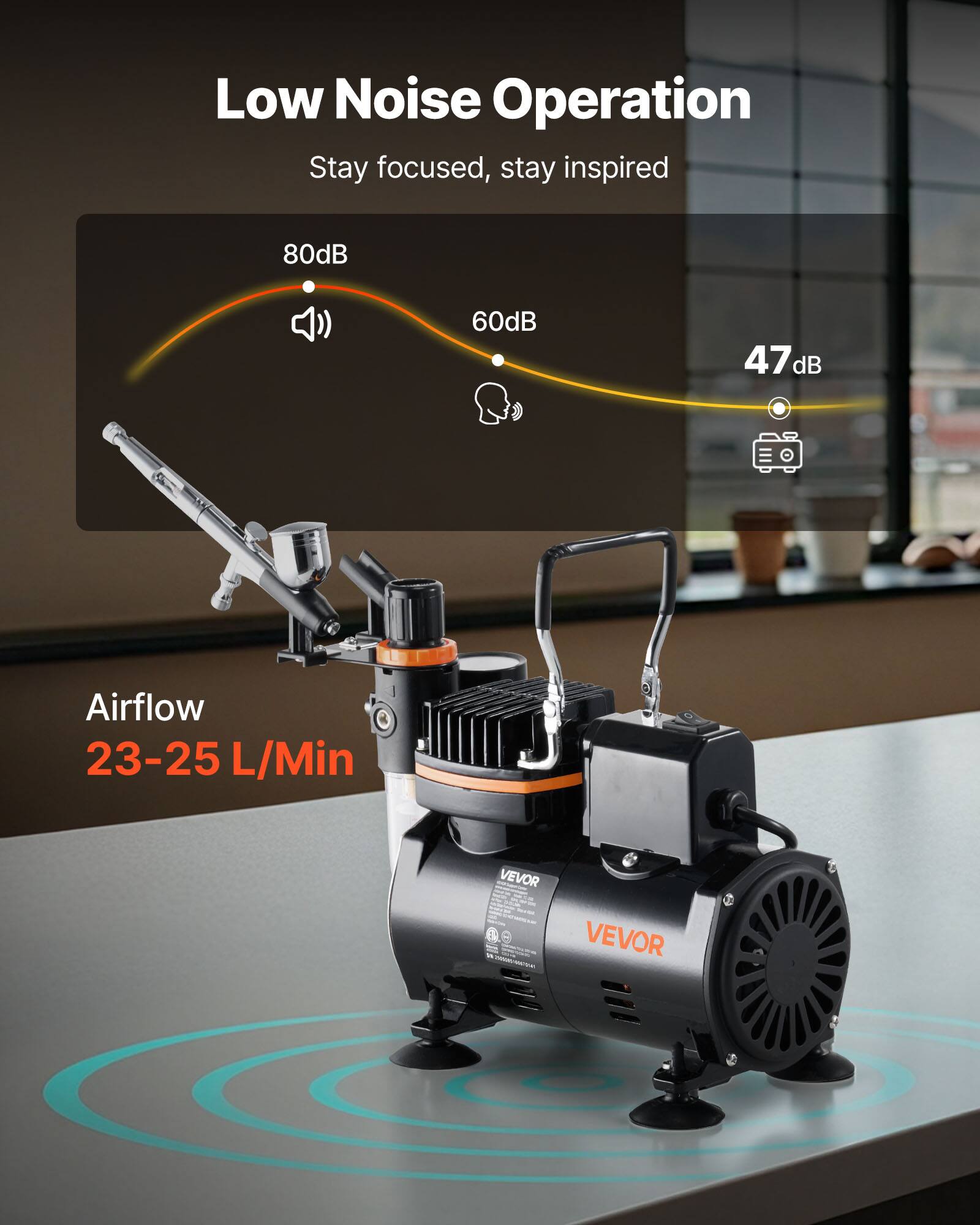 Low Noise Operation  
Stay focused, stay inspired  

80dB  
60dB  
47dB  

Airflow  
23-25 L/Min  

VEVOR