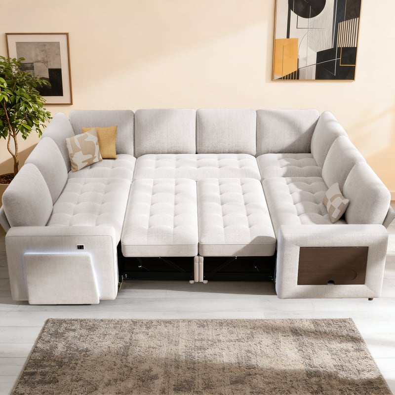 Vipbear - 8 Seat U Shaped Modular Chenille Sofa, with Pull Out Bed, Reclining Backrest, Storage Seat, USB Ports, Table, LED Light - Beige