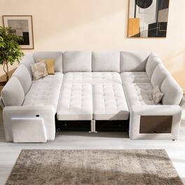 Vipbear - 8 Seat U Shaped Modular Chenille Sofa, with Pull Out Bed, Reclining Backrest, Storage Seat, USB Ports, Table, LED Light - Beige