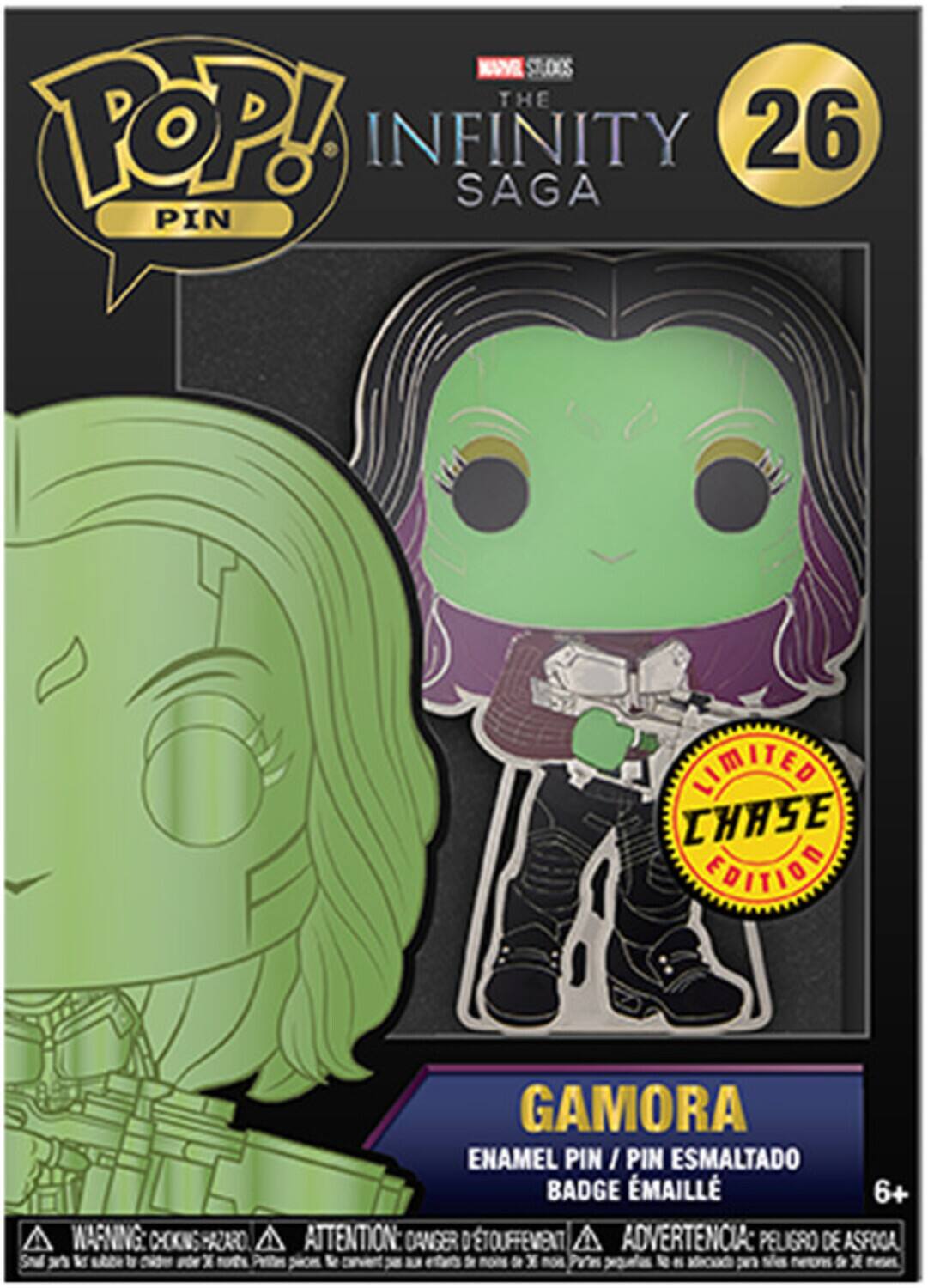 NUVR STUD0S THE POP! INFINITY 26 SAGA PIN LIMITED CHASE EDITION WARNING CHOKING HAZARD GAMORA ENAMEL PIN / PIN ESMALTADO BADGE ÉMAILLÉ 6+ ATTENTION: DANGER D'ETOUFFEMENT A ADVERTENCIA: PELIGRO DE ASFOOGA