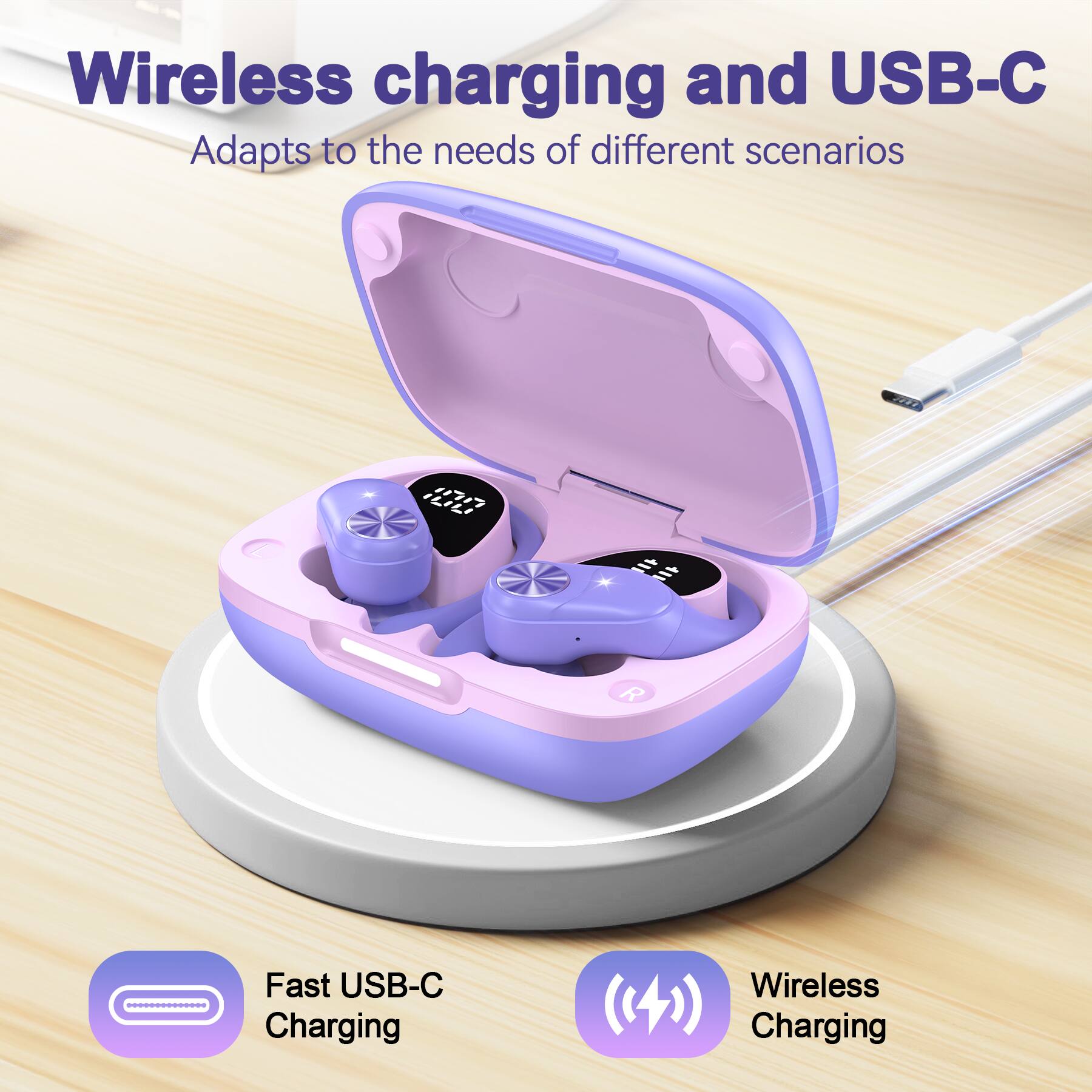 Wireless charging and USB-C  
Adapts to the needs of different scenarios

Fast USB-C Charging  
Wireless Charging