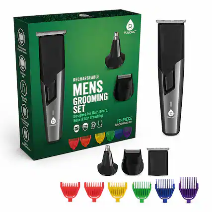 PURSONIC
RECHARGEABLE MENS GROOMING SET for Hair, Beard, Nose & Ear Grooming 12-PIECE GROOMING KIT