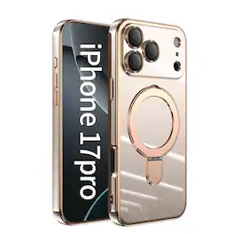 Dteck - Mag Safe Case for Apple iPhone 17 Pro,Slim Shockproof TPU Case with Metal Stand Plated Bumper Bulit in Glass Lens Film - Lightpink