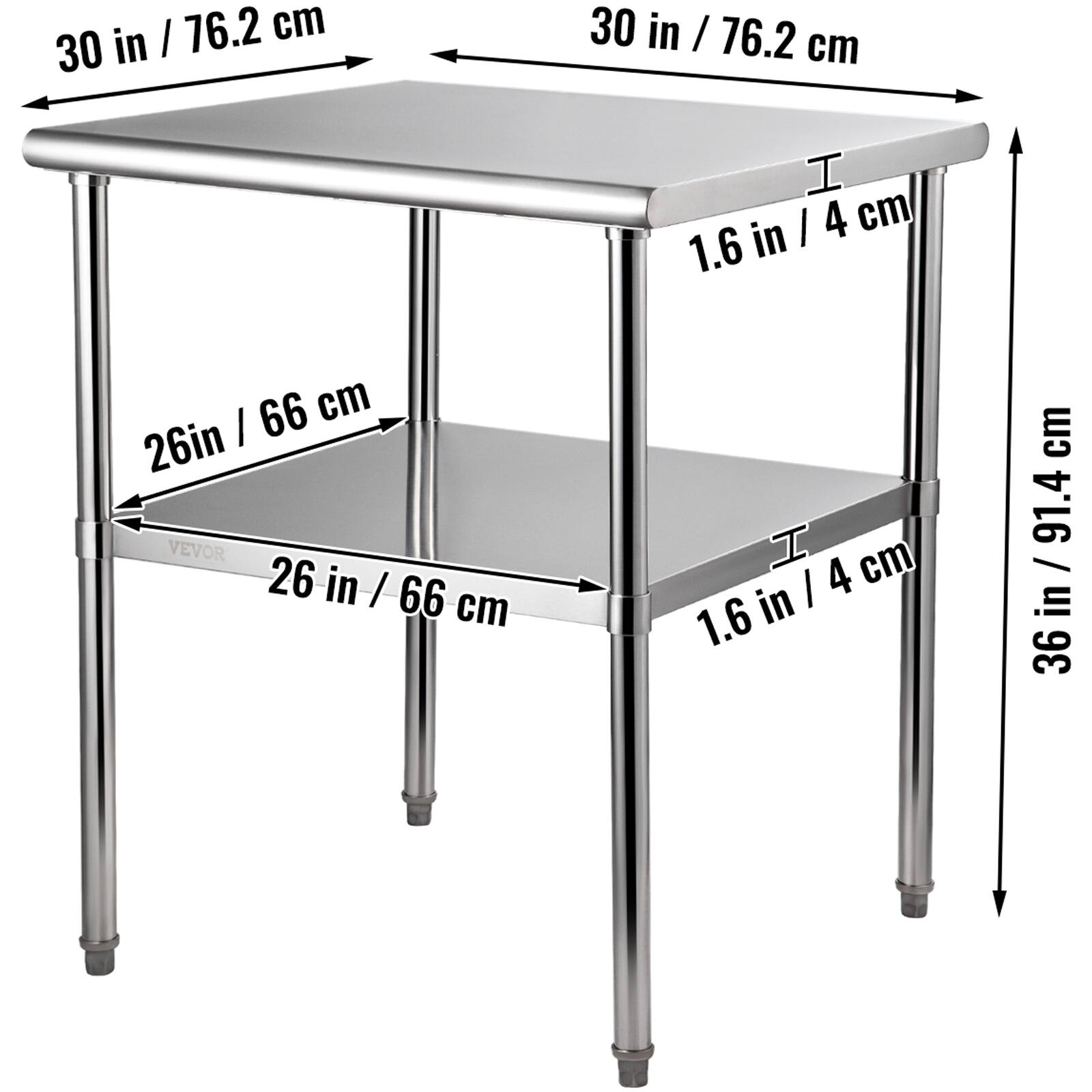 - Top surface: 30 in / 76.2 cm
- Shelf: 26 in / 66 cm
- Height: 36 in / 91.4 cm
- Thickness of top surface: 1.6 in / 4 cm
- Thickness of shelf: 1.6 in / 4 cm