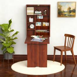 GOODSILO - Space Saving Wall Mounted Fold Out Desk with Adjustable Shelves and Storage Compartments for Home Office - Mahogany