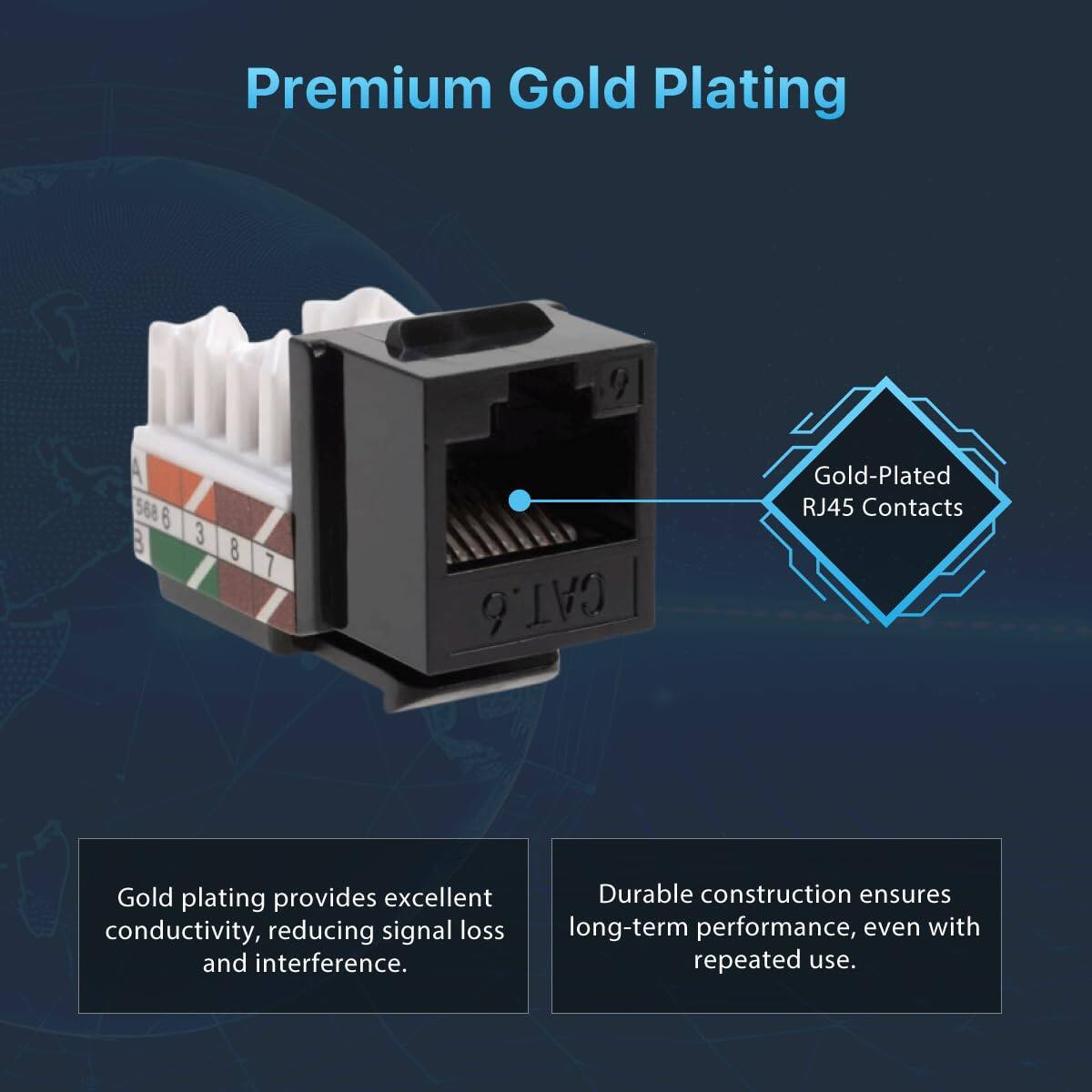 Premium Gold Plating

Gold-Plated RJ45 Contacts

Gold plating provides excellent conductivity, reducing signal loss and interference.

Durable construction ensures long-term performance, even with repeated use.