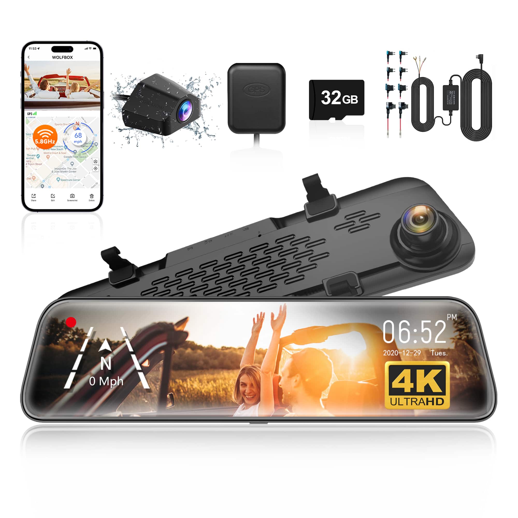 15 4 WOLFBOX
5.8GHz
68 mph
32GB
00
N 0 Mph
PM 06:52
2020-12-29 Tues.
4K ULTRAHD