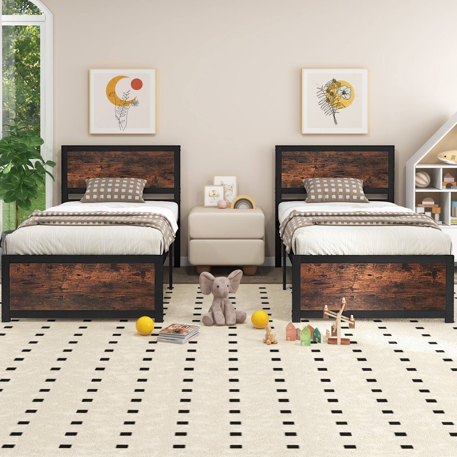 Alt View 2. SlickBlue - Modern Metal Bed Frame with Tall Headboard and Quiet Slat Structure - Rustic Brown, Black.