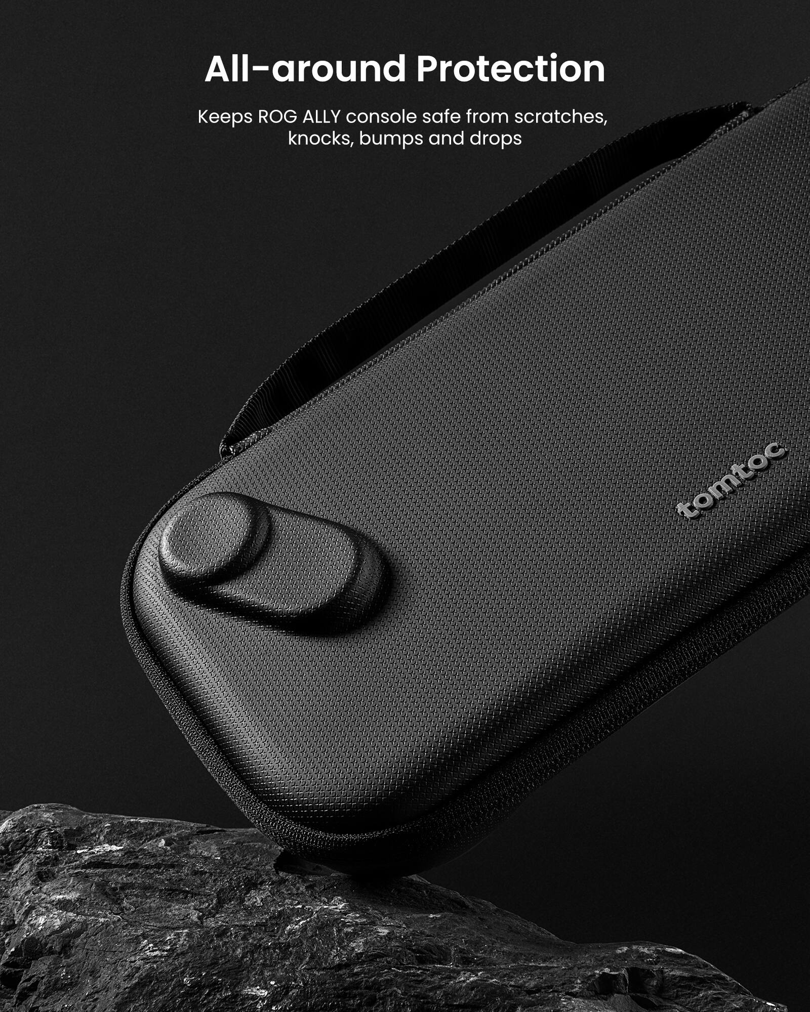 The text on the image reads: "All-around Protection Keeps ROG ALLY console safe from scratches, knocks, bumps and drops tomtoc."