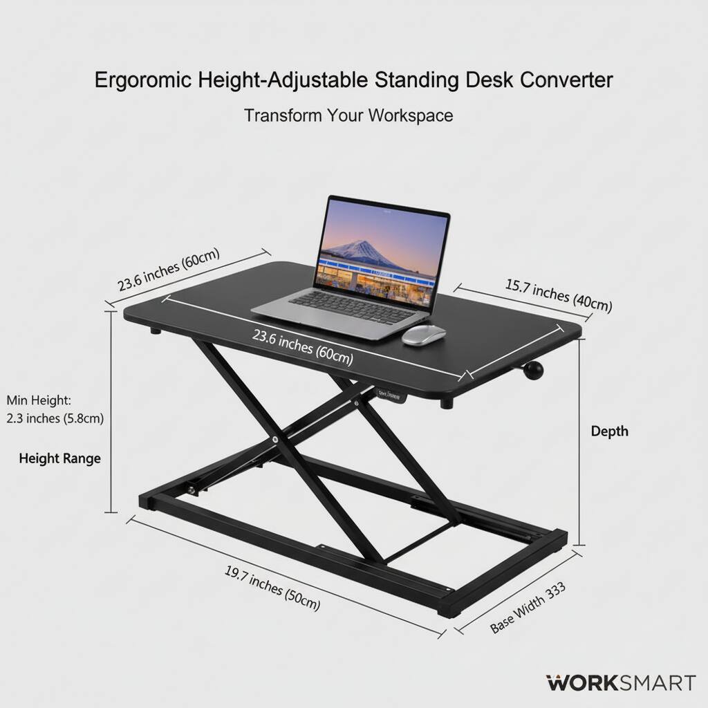 Ergonomic Height-Adjustable Standing Desk Converter  
Transform Your Workspace  

- Length: 23.6 inches (60cm)  
- Width: 15.7 inches (40cm)  
- Min Height: 2.3 inches (5.8cm)  
- Height Range: 19.7 inches (50cm)  
- Depth: 33.3 inches (84.6cm)  
- Base Width: 33.3 inches (84.6cm)  

WORKSMART