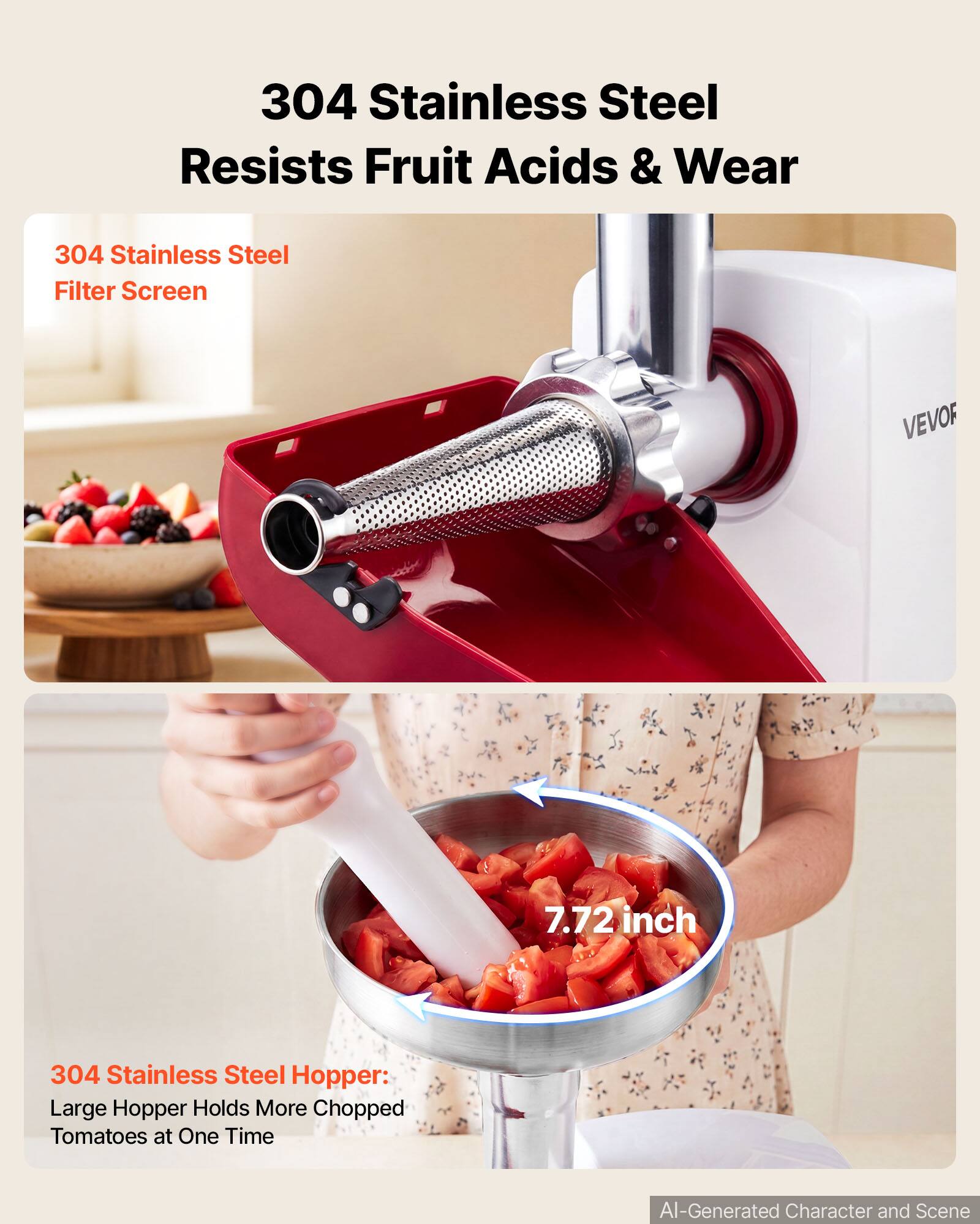 304 Stainless Steel Resists Fruit Acids & Wear

304 Stainless Steel Filter Screen

VEVOR

7.72 inch

304 Stainless Steel Hopper: Large Hopper Holds More Chopped Tomatoes at One Time

AI-Generated Character and Scene