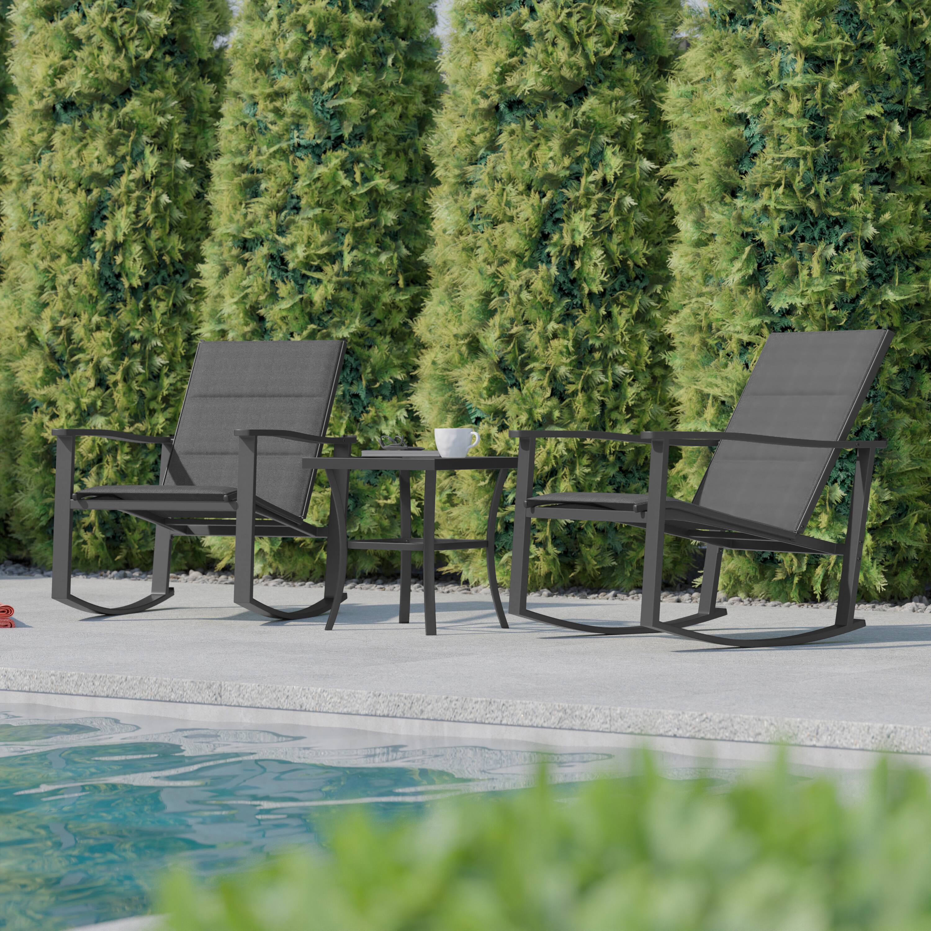 Alt View 2. Flash Furniture - Brazos 3 Piece Outdoor Rocking Chair Bistro Set with Flex Comfort Material and Steel Framed Glass Top Table, Black/Black - Black.