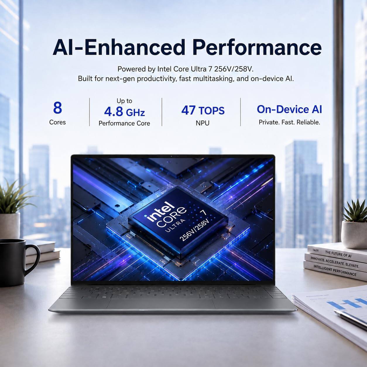 AI-Enhanced Performance  
Powered by Intel Core Ultra 7 256V/258V.  
Built for next-gen productivity, fast multitasking, and on-device AI.  

8 Cores  
Up to 4.8 GHz Performance Core  
47 TOPS NPU  
On-Device AI Private. Fast. Reliable.  

intel CORE ULTRA 7 256V/258V  
THE FUTURE OF AI INNOVATE. ACCELERATE. INTELLIGENT ELEVATE. PERFORMANCE