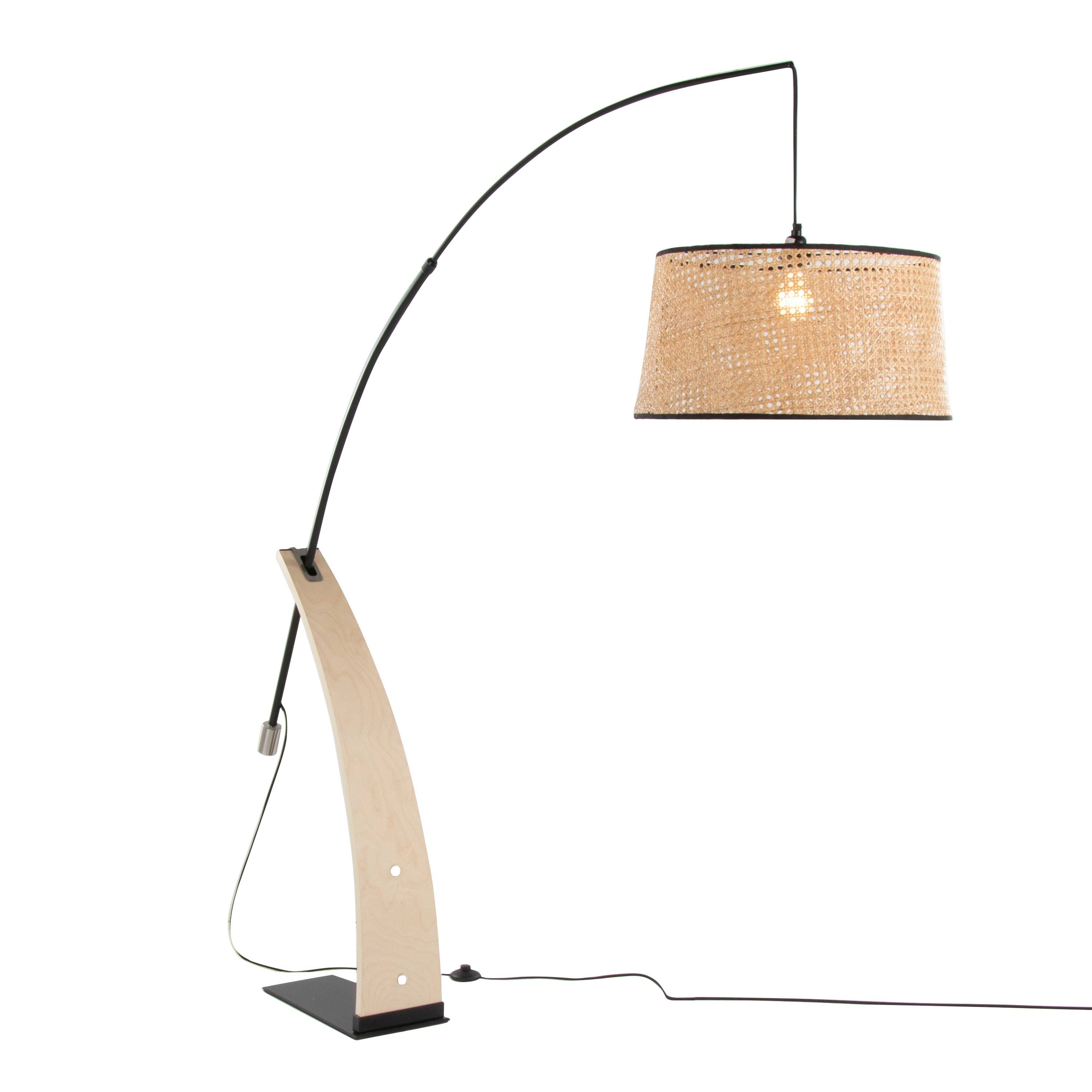 Angle. Loheer - Loheer Mid Century Modern Floor Lamp Natural Wood Black Metal Rattan Shade - Natural.