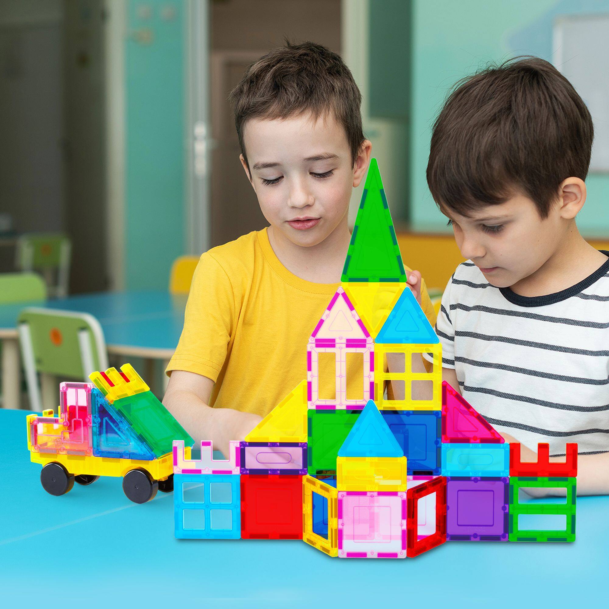 Alt View 2. PicassoTiles - PICASSO-TILES Magnetic Tiles For Kids with Tote Bag, 101PCS Construction STEM Building Blocks Educational Toy - Multicolor.