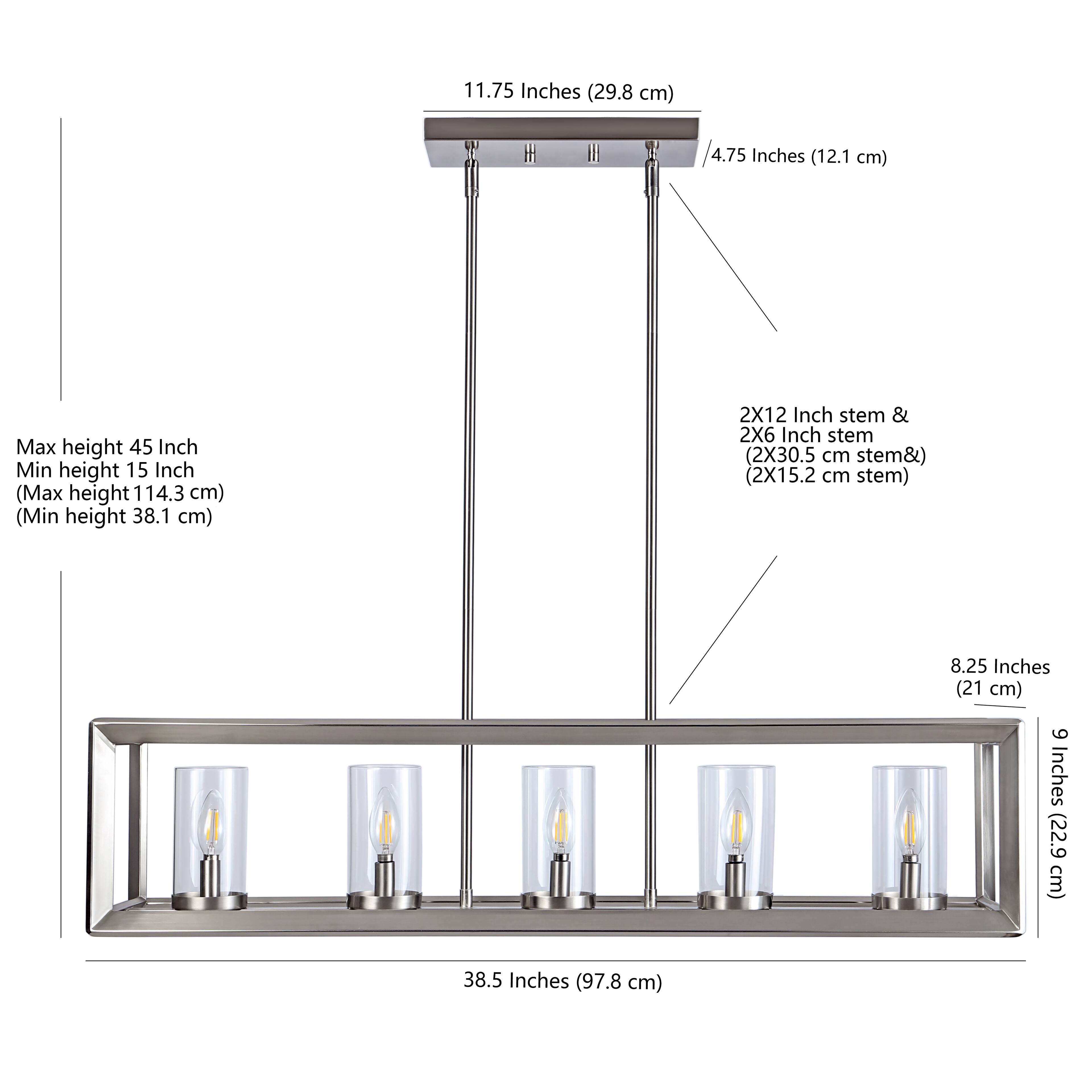 11.75 Inches (29.8 cm) / 4.75 Inches (12.1 cm)  
Max height 45 Inch (114.3 cm)  
Min height 15 Inch (38.1 cm)  
2X12 Inch stem & 2X6 Inch stem (2X30.5 cm stem & 2X15.2 cm stem)  
8.25 Inches (21 cm)  
6 Inches (22.9 cm)  
38.5 Inches (97.8 cm)