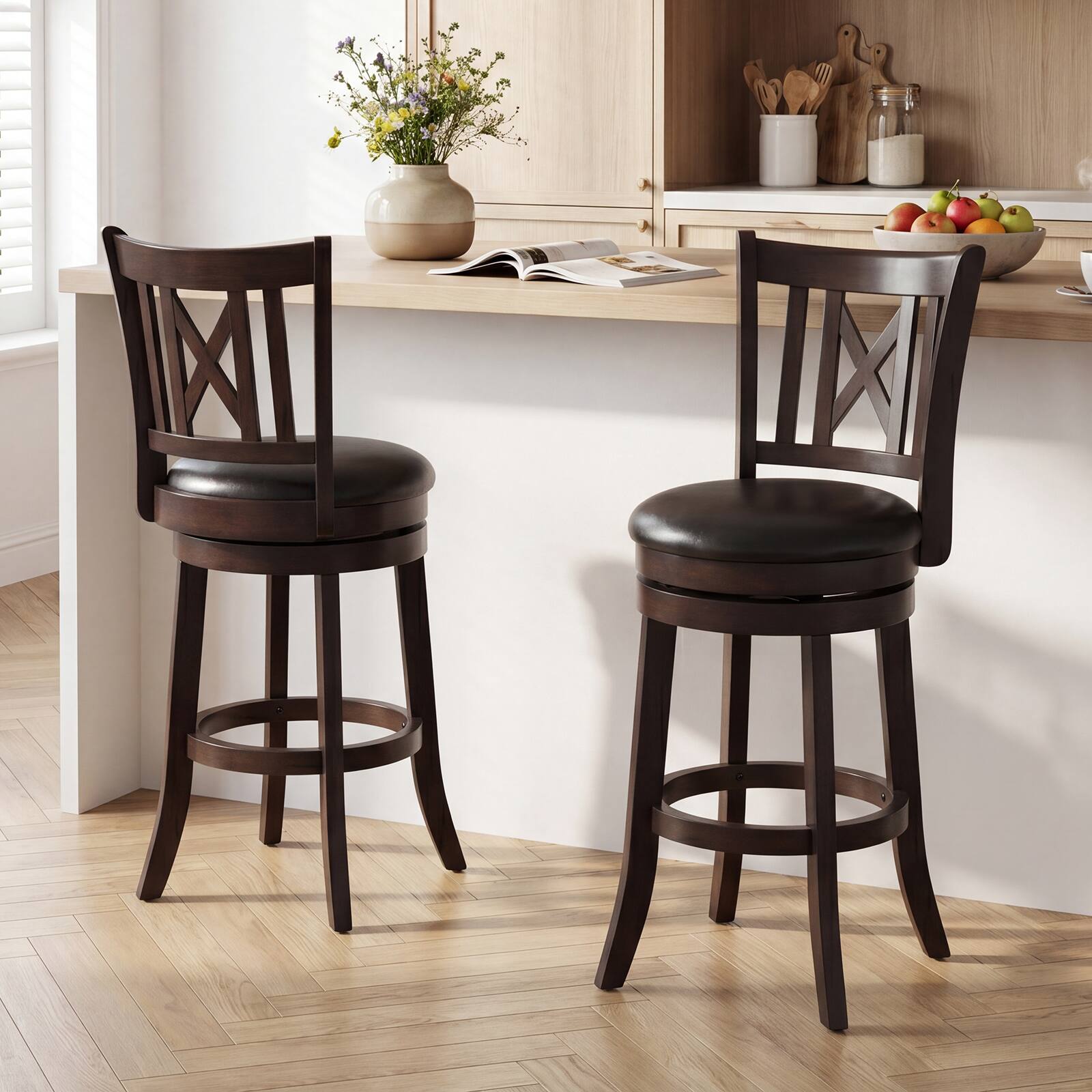 Alt View 5. Gymax - Gymax Set of 4 Bar Stools 26'' Swivel Bar Chairs w/ Footrest Hollowed Backrest - Brown.