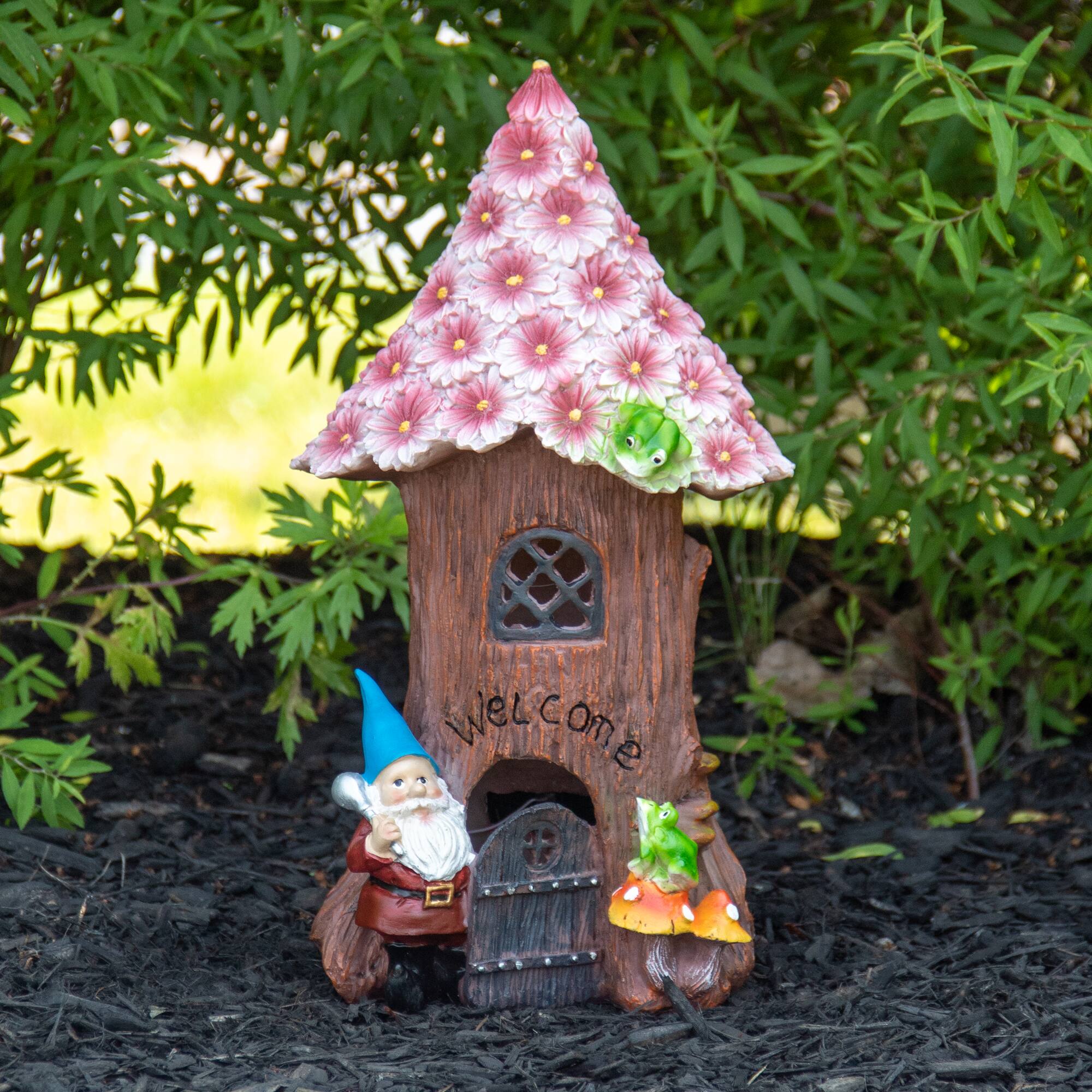 Alt View 1. Northlight - 14" Solar Lighted Bless Our Home Gnome Tree House Outdoor Garden Statue - Brown.