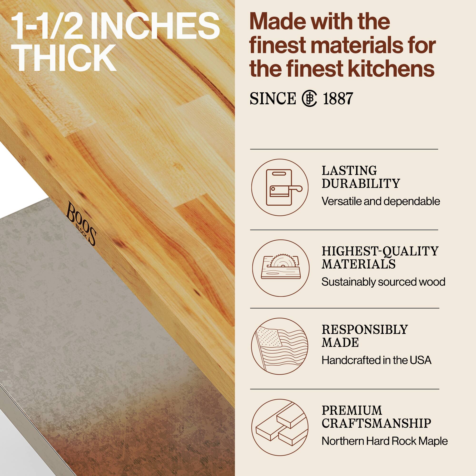 1-1/2 INCHES THICK

Made with the finest materials for the finest kitchens SINCE 1887

LASTING DURABILITY
Versatile and dependable

HIGHEST-QUALITY MATERIALS
Sustainably sourced wood

RESPONSIBLY MADE
Handcrafted in the USA

PREMIUM CRAFTSMANSHIP
Northern Hard Rock Maple