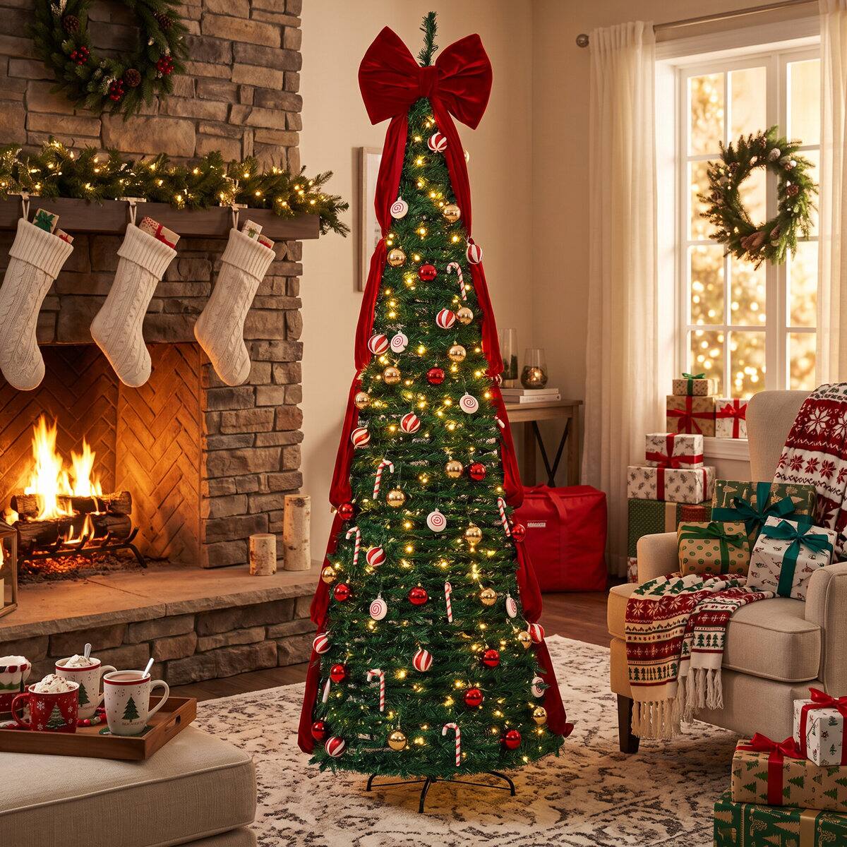 Angle. Wisairt - 6FT Pop-Up Christmas Tree, 350 Warm White LEDs 8 Modes with Ornaments Set - Green.