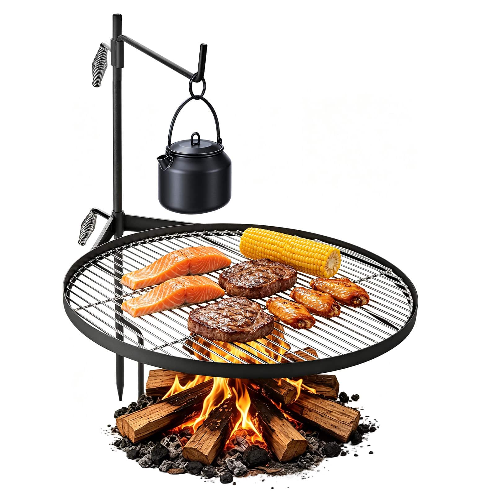 VEVOR - Heavy Duty Swivel Campfire Grill,24.4" Round Portable Camping Grill Grate, Sturdy Steel BBQ Mesh, 360° Height Adjustable - Black