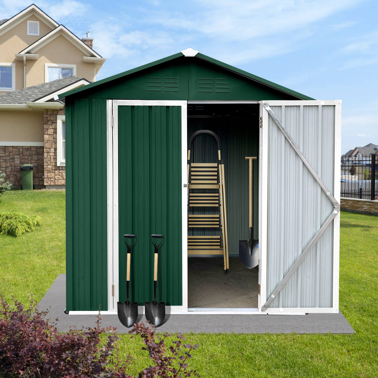 Angle. Mondawe - 6x4 Ft Outdoor Storage Sheds with Lockable Door - Green.