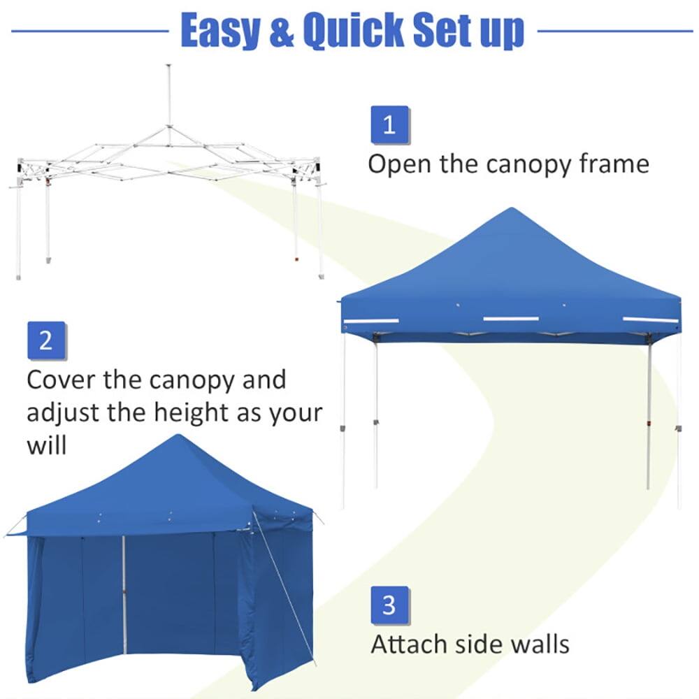 Easy & Quick Set up

1. Open the canopy frame
2. Cover the canopy and adjust the height as your will
3. Attach side walls