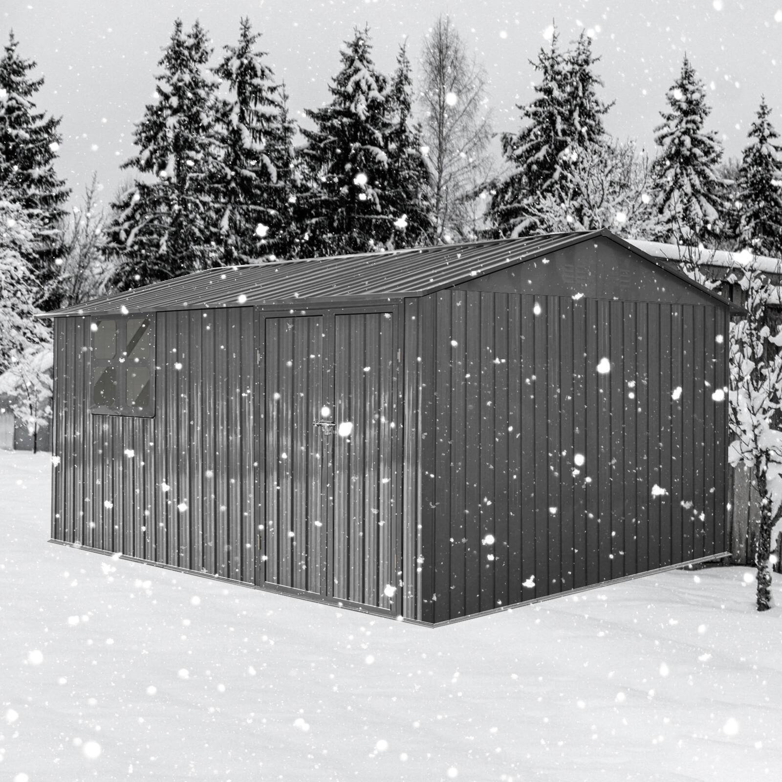 Back. Mondawe - 12x10 Ft Metal Garden Sheds with Window - Grey.
