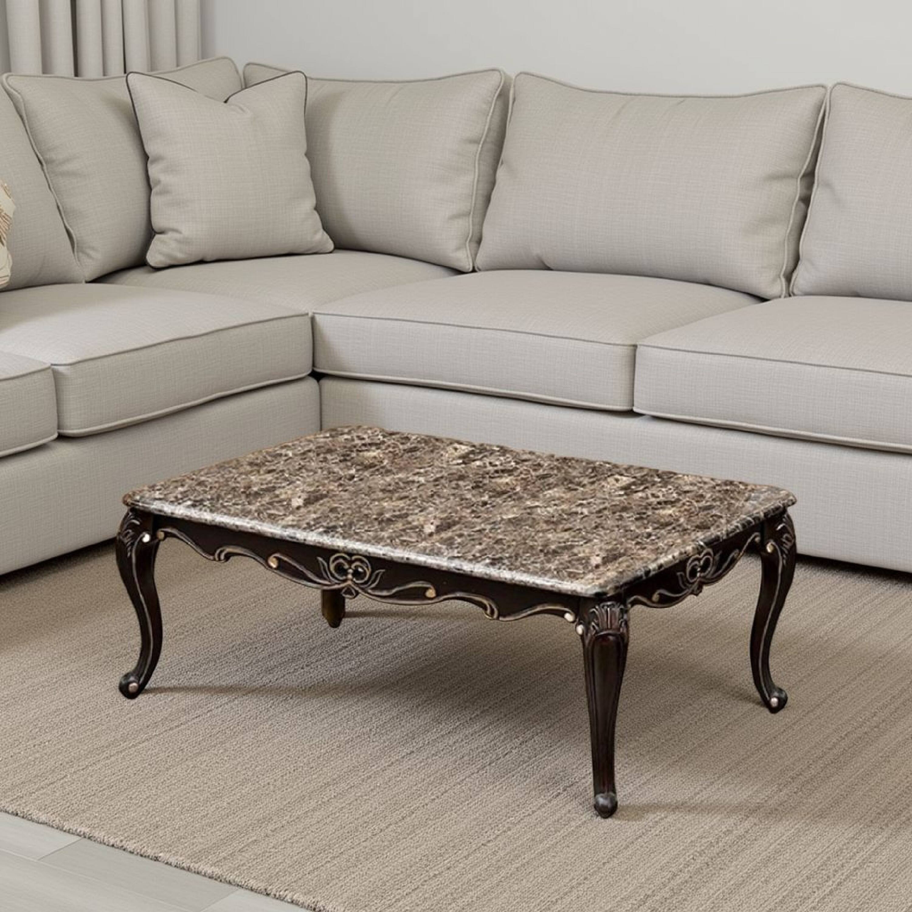 Alt View 5. Manhattan Lane - Ery Coffee Table, Dark Walnut Brown Wood, Carved Details, 48 Inch - Walnut Brown, Gold.