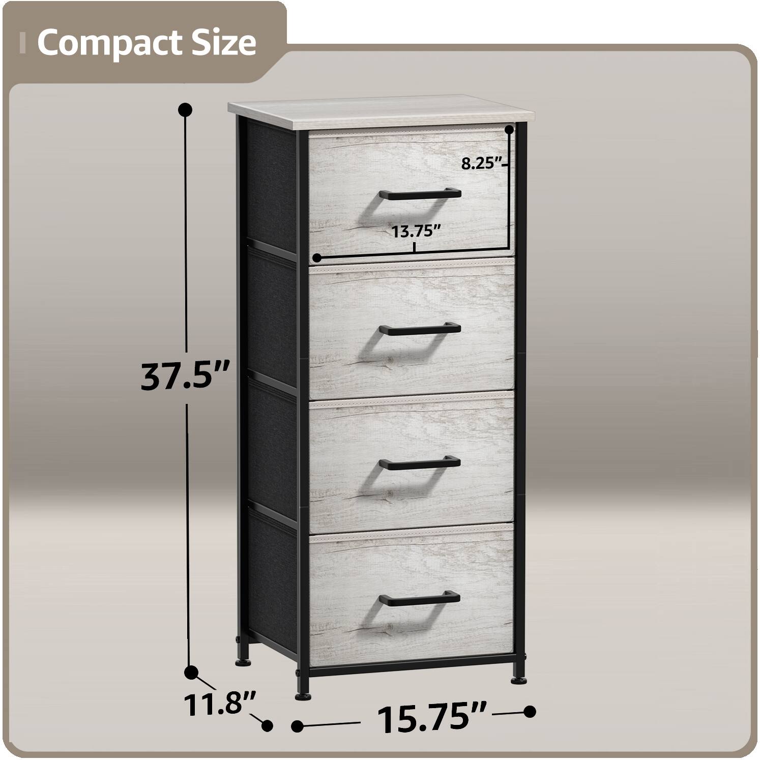 Compact Size

- Height: 37.5"
- Width: 15.75"
- Depth: 11.8"
- Drawer Height: 13.75"
- Drawer Width: 8.25"