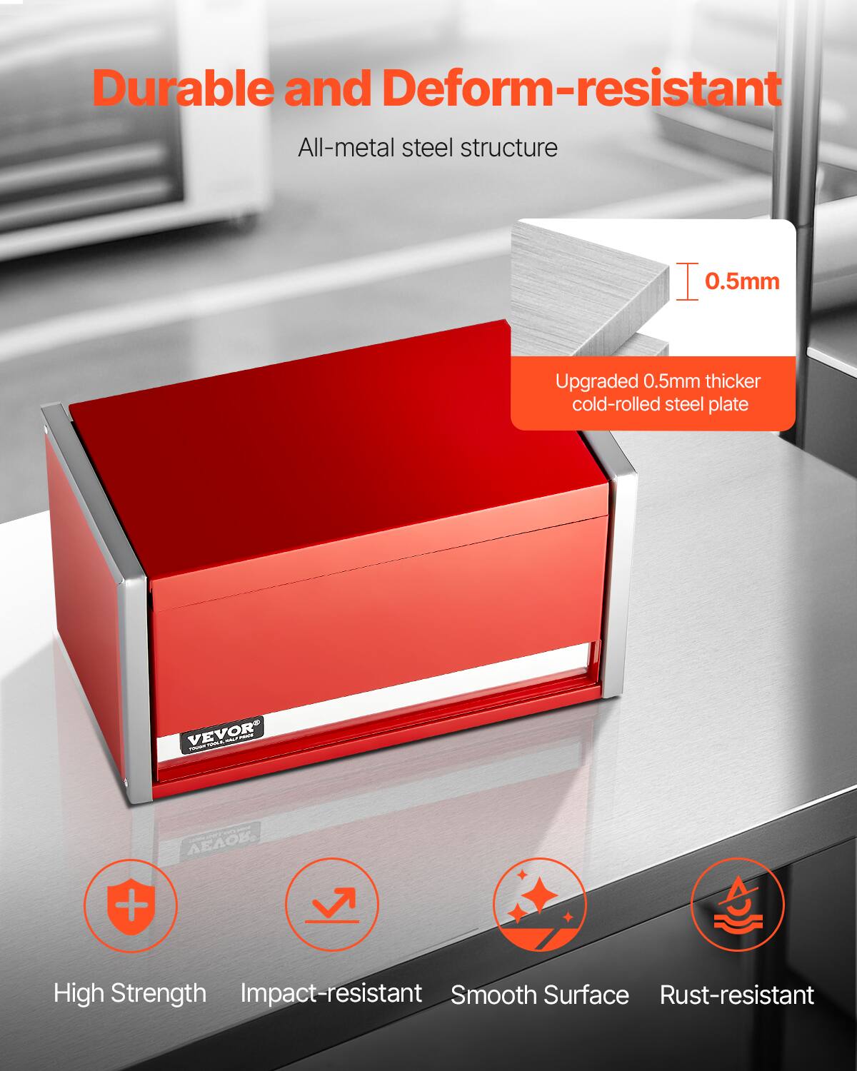 Durable and Deform-resistant  
All-metal steel structure  

0.5mm  
Upgraded 0.5mm thicker cold-rolled steel plate  

High Strength  
Impact-resistant  
Smooth Surface  
Rust-resistant