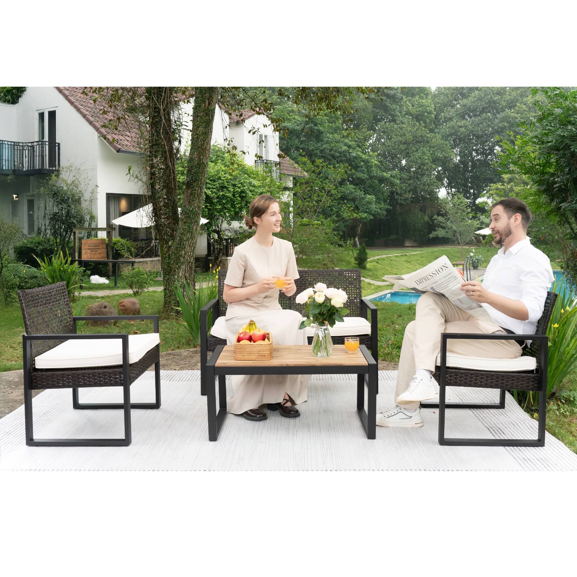 Alt View 7. Siljoy - 4-Piece Patio Set, Acacia Wood Tabletop, Brown & Beige Cushions - Brown.