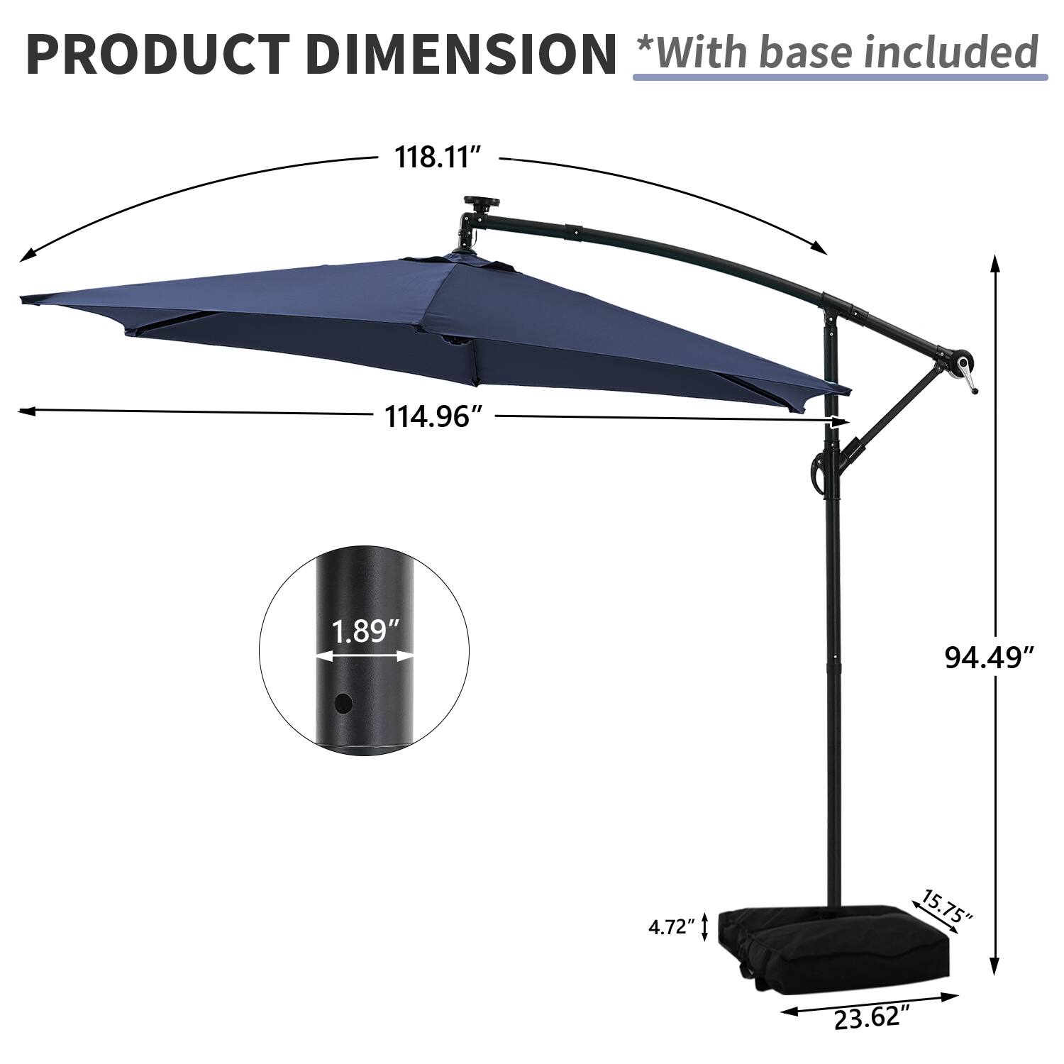 PRODUCT DIMENSION *With base included

- 118.11"
- 114.96"
- 1.89"
- 94.49"
- 4.72"
- 15.75"
- 23.62"